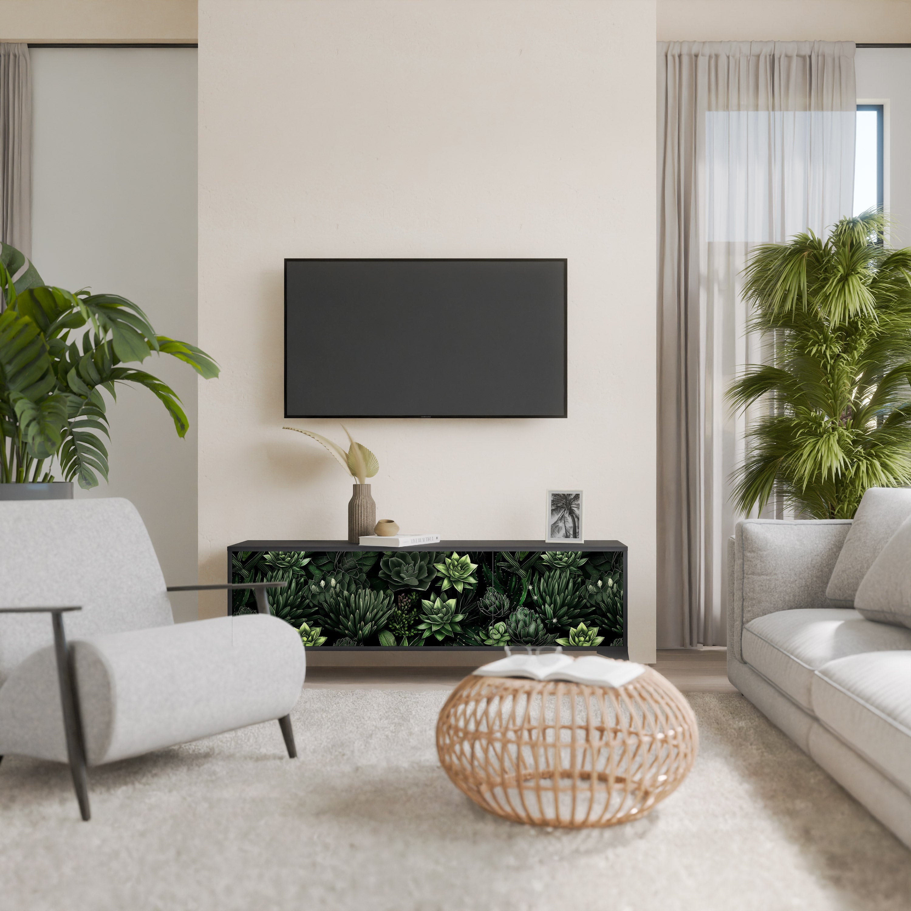 SUCCULENT JUNGLE 3-türiger TV-Ständer in Schwarz