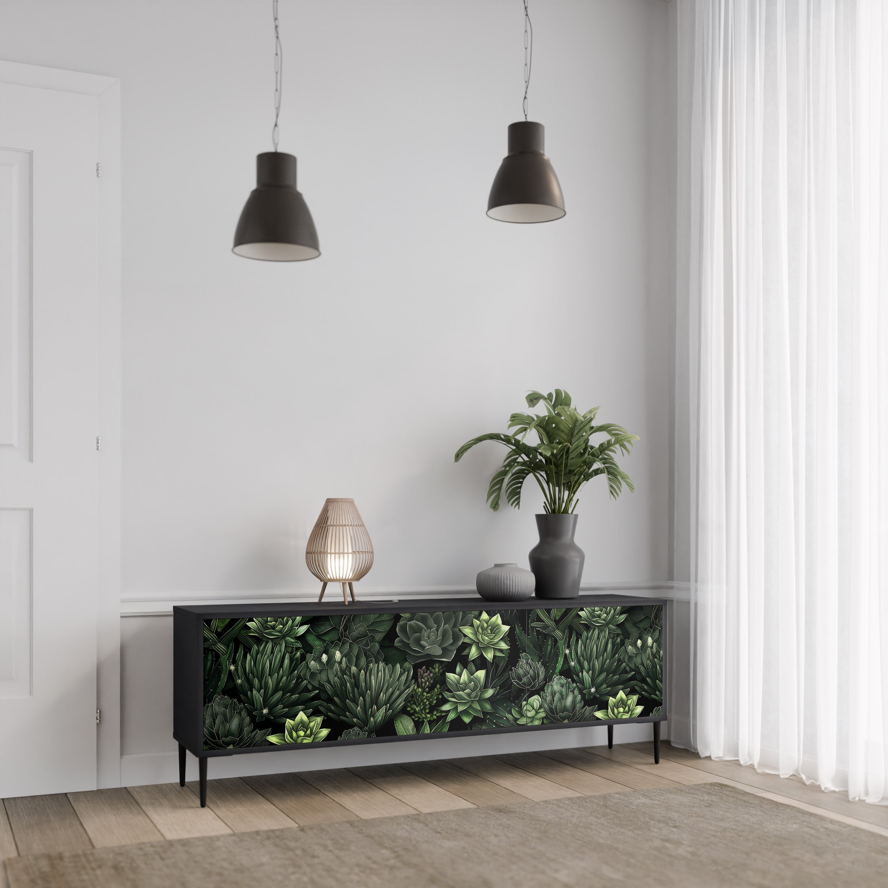 SUCCULENT JUNGLE 3-türiger TV-Ständer in Schwarz