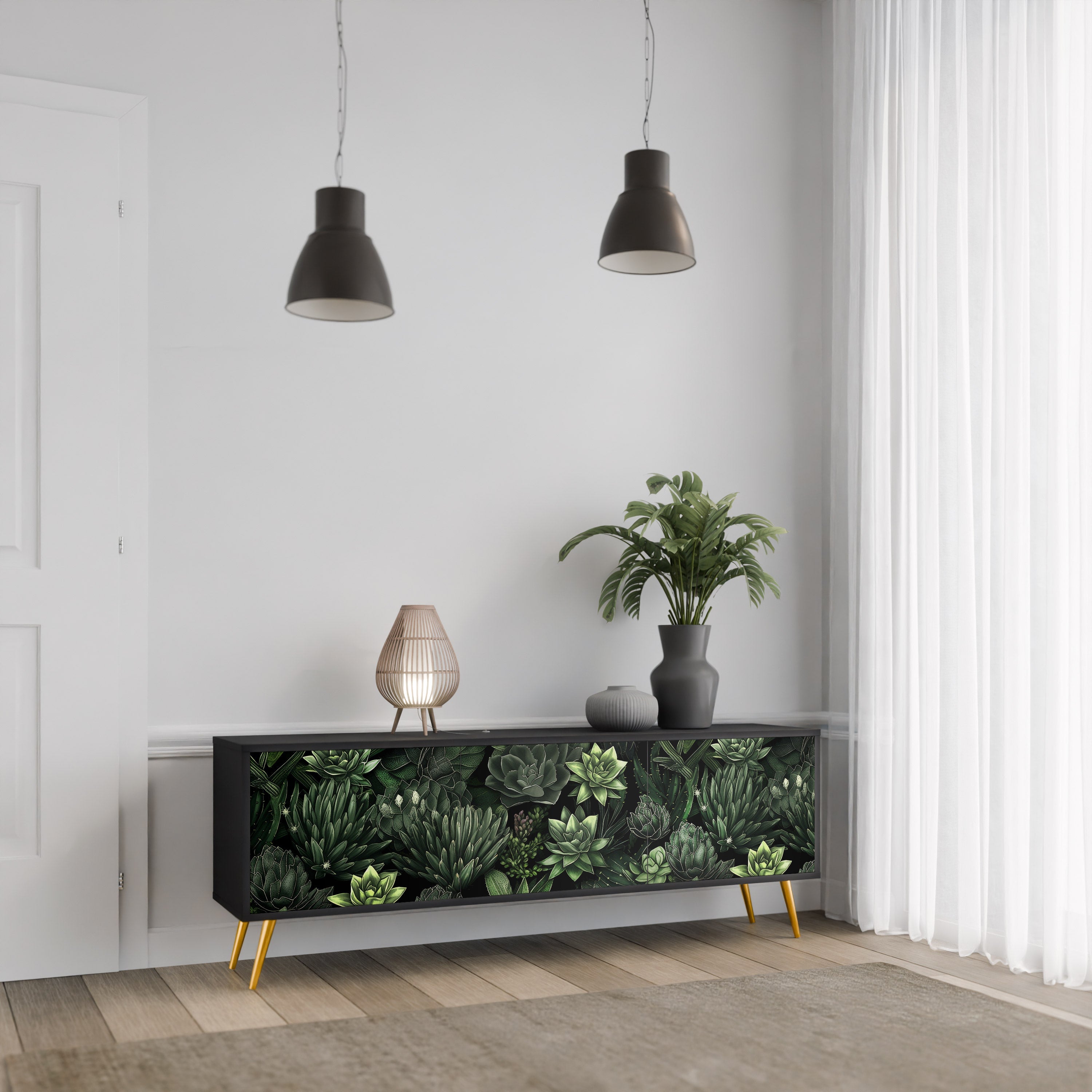 SUCCULENT JUNGLE 3-türiger TV-Ständer in Schwarz