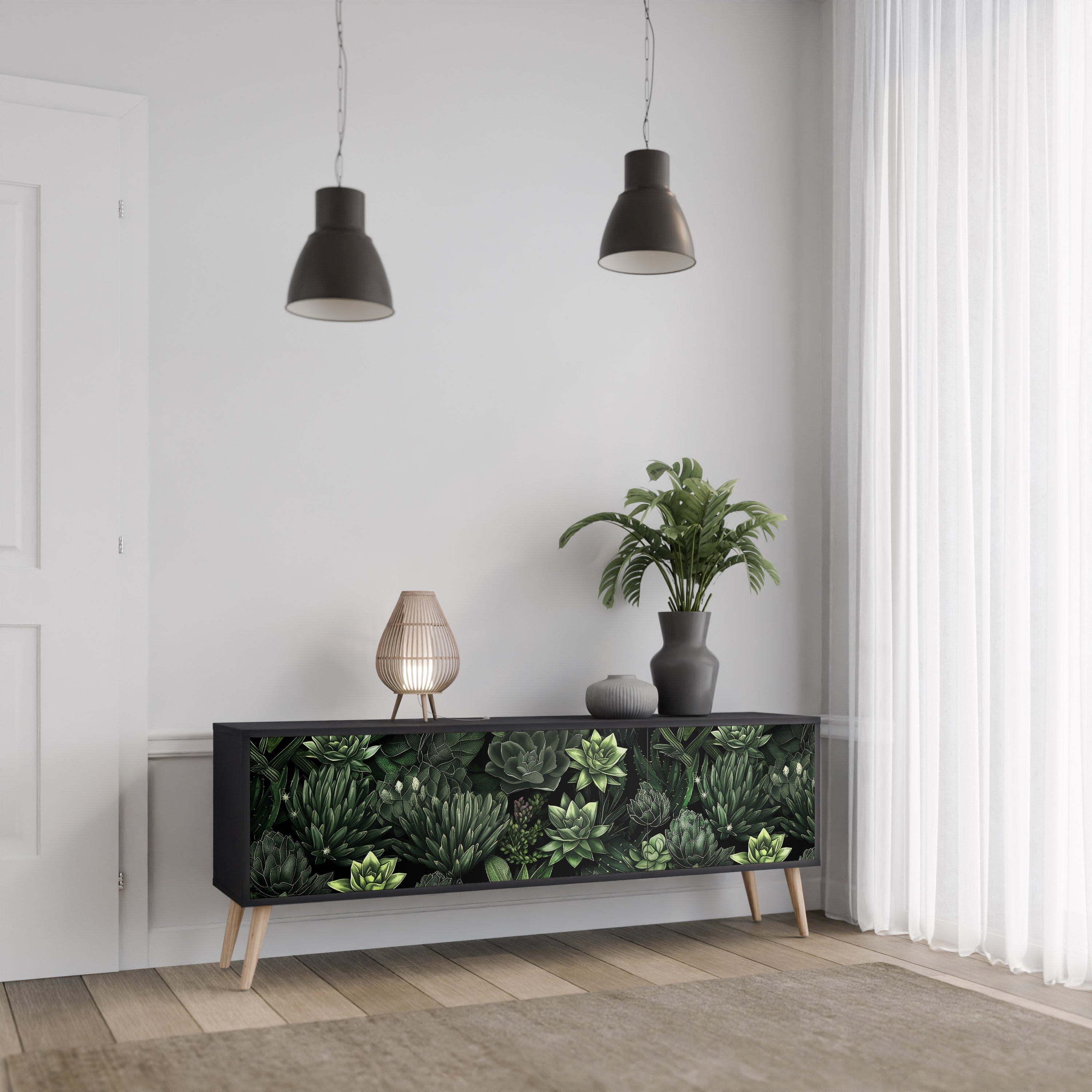 SUCCULENT JUNGLE 3-türiger TV-Ständer in Schwarz