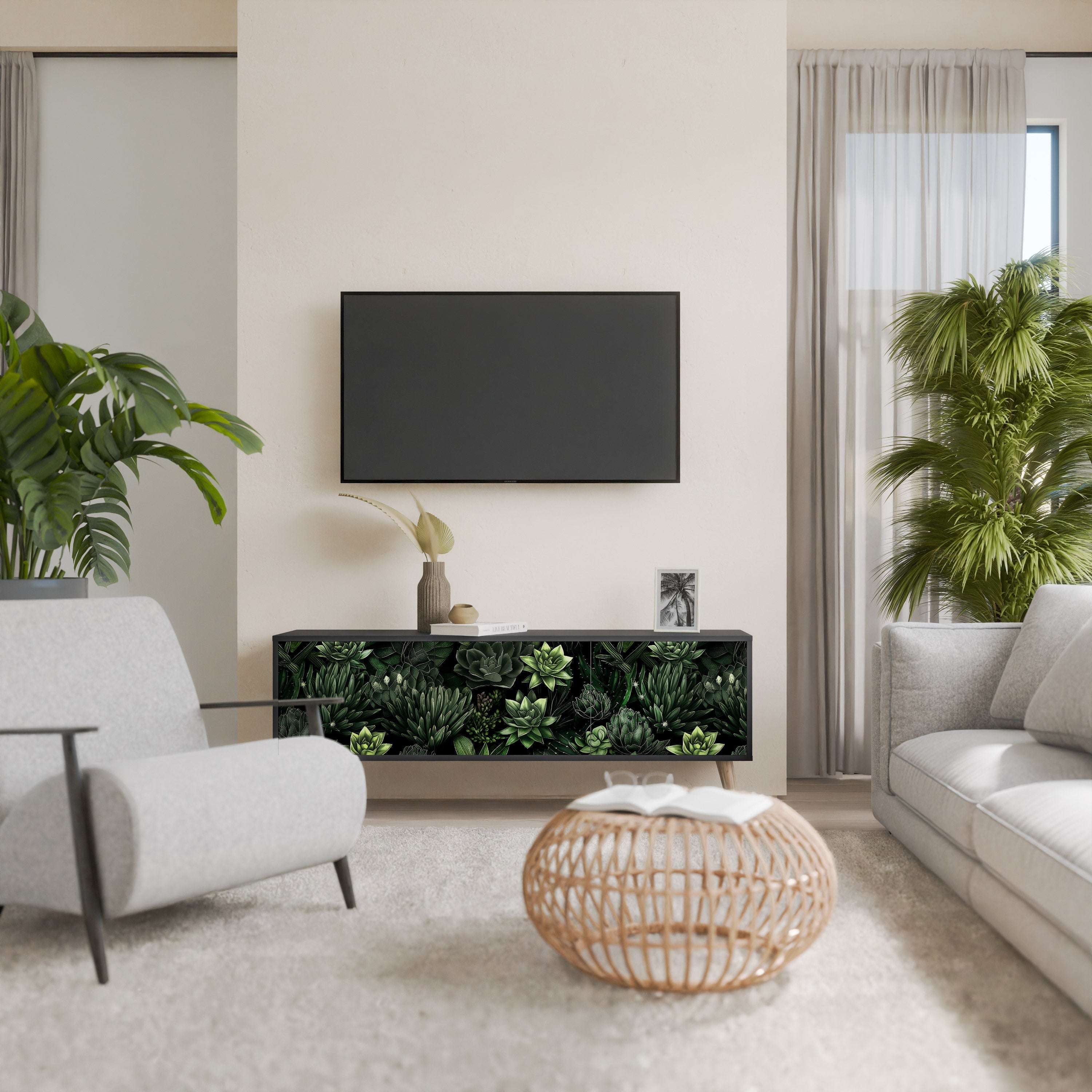 SUCCULENT JUNGLE 3-türiger TV-Ständer in Schwarz