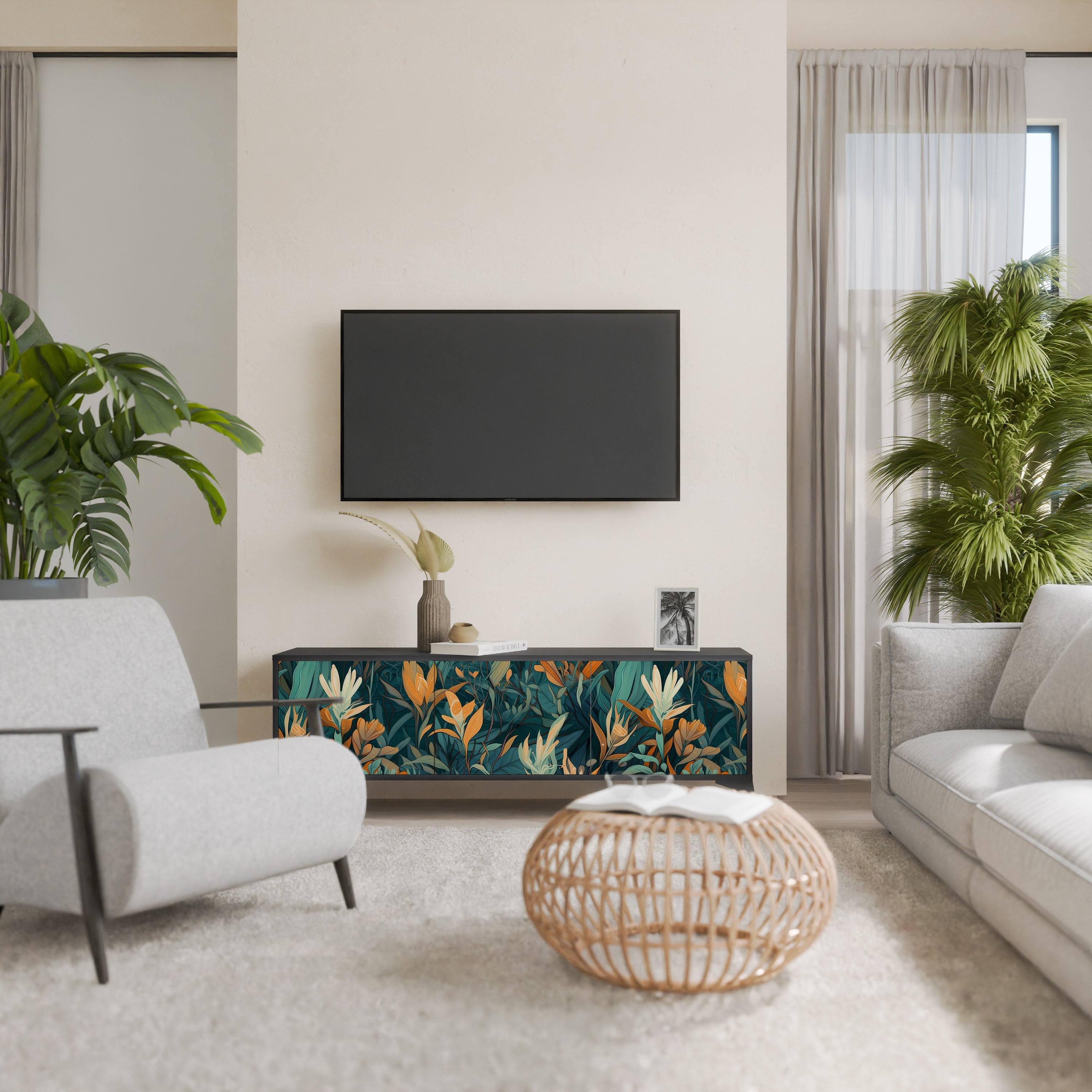 FLORAL SERENITY 3-türiger TV-Ständer in Schwarz