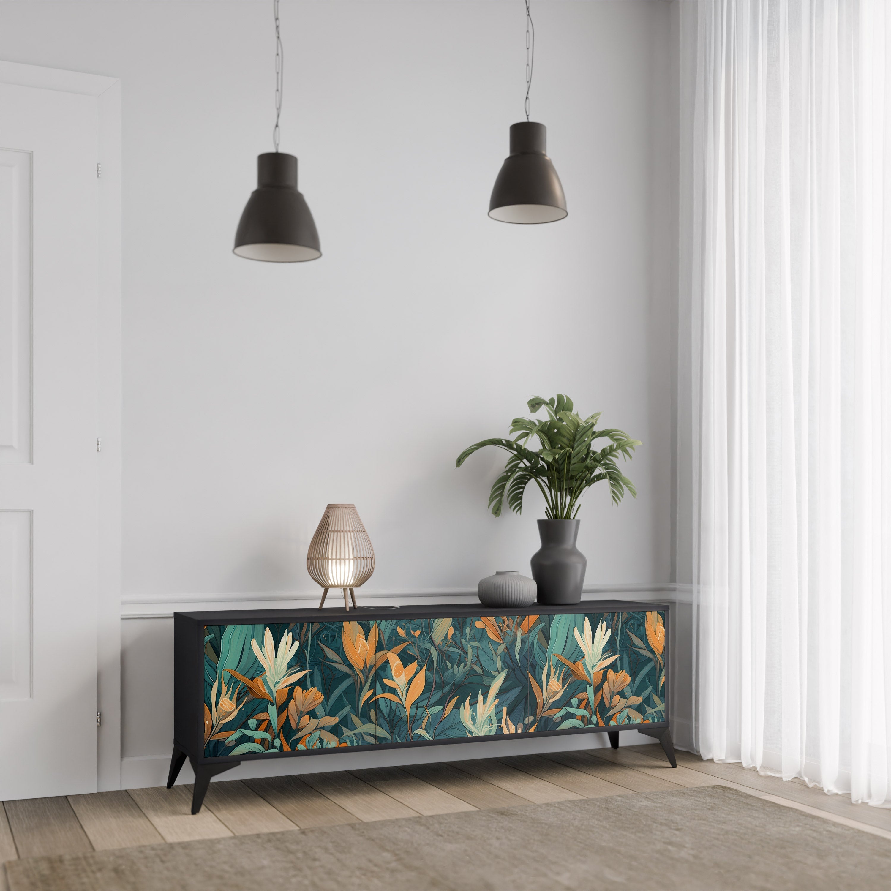 FLORAL SERENITY 3-türiger TV-Ständer in Schwarz