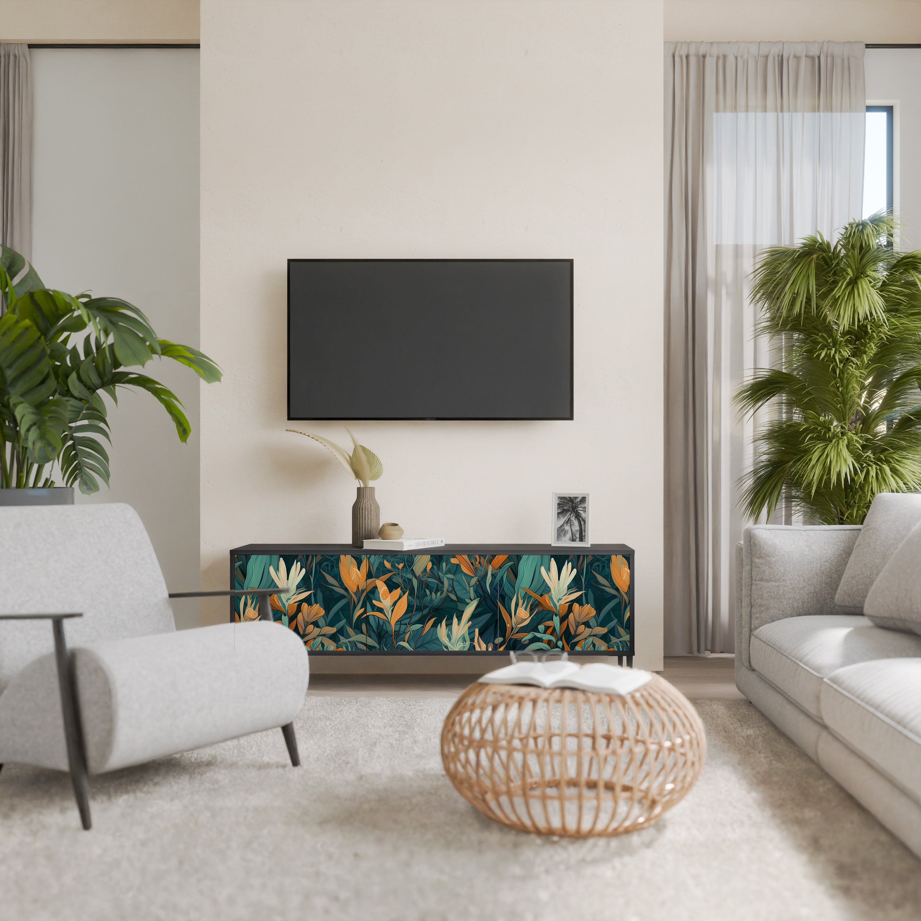 FLORAL SERENITY 3-türiger TV-Ständer in Schwarz