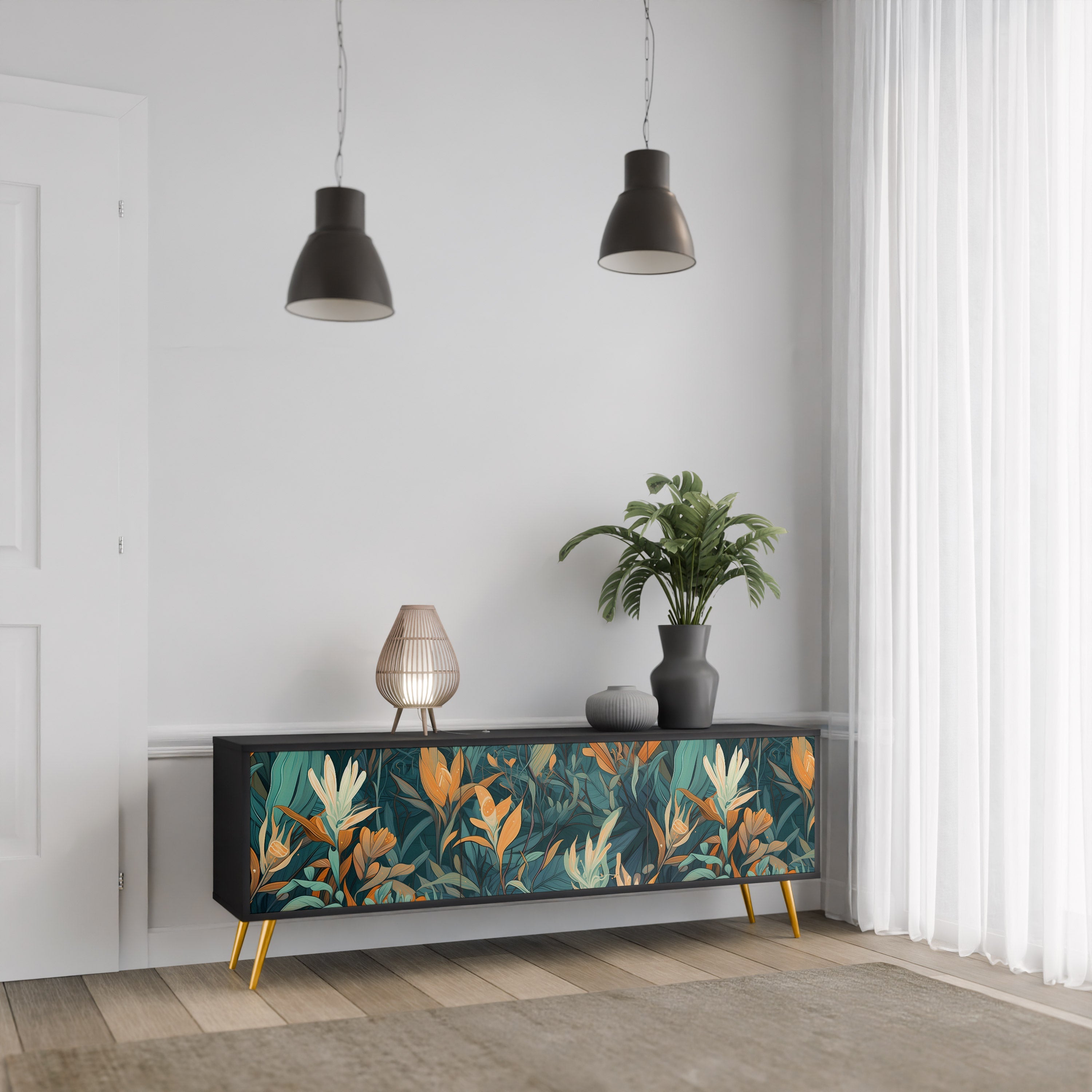 FLORAL SERENITY 3-türiger TV-Ständer in Schwarz