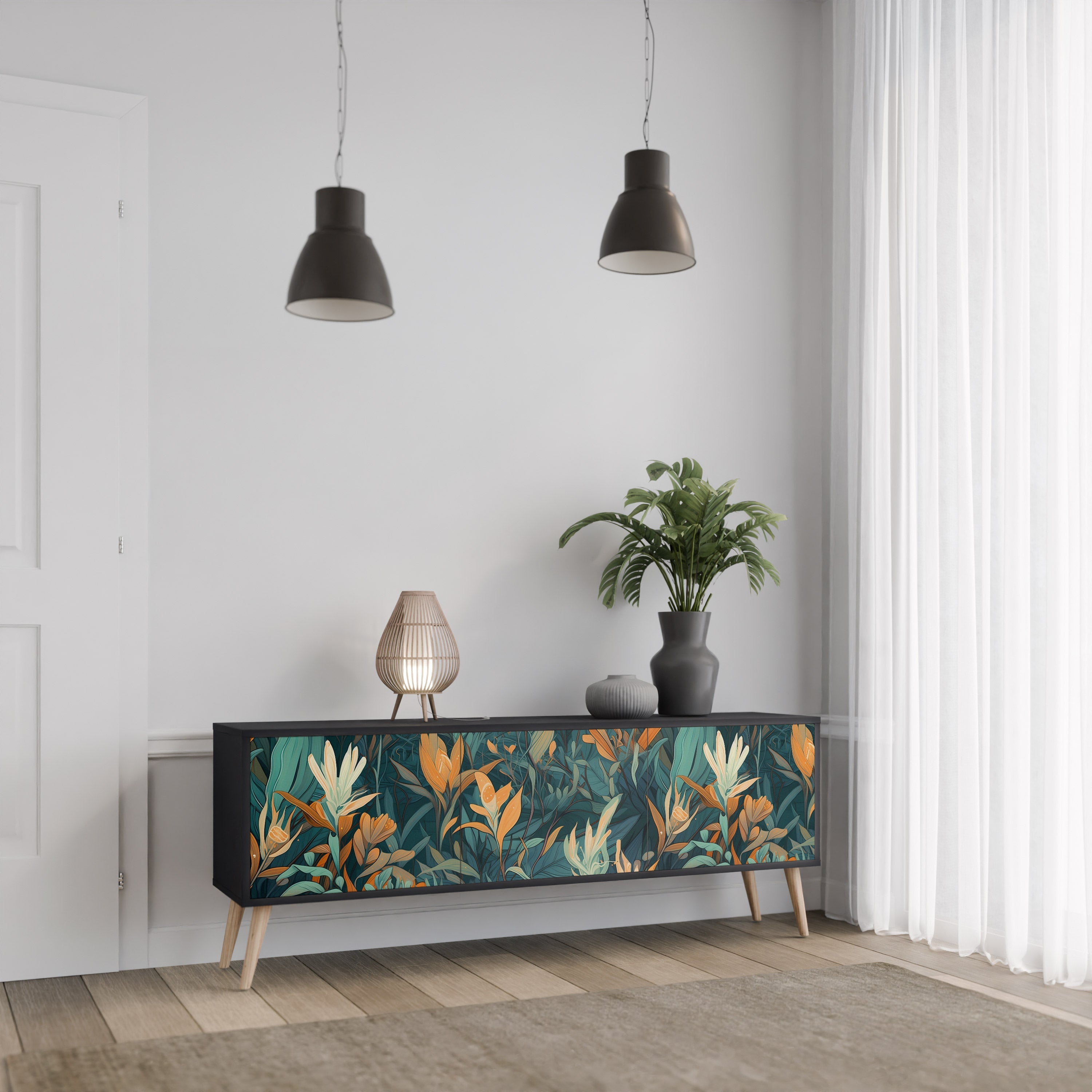 FLORAL SERENITY 3-türiger TV-Ständer in Schwarz
