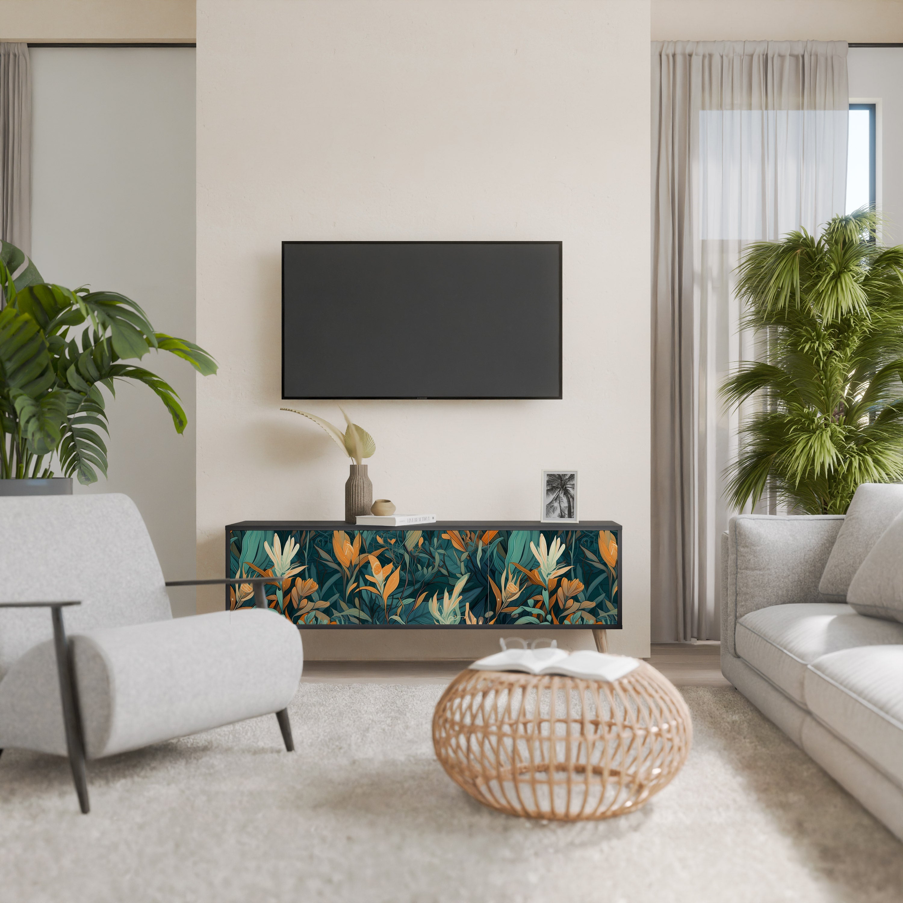 FLORAL SERENITY 3-türiger TV-Ständer in Schwarz