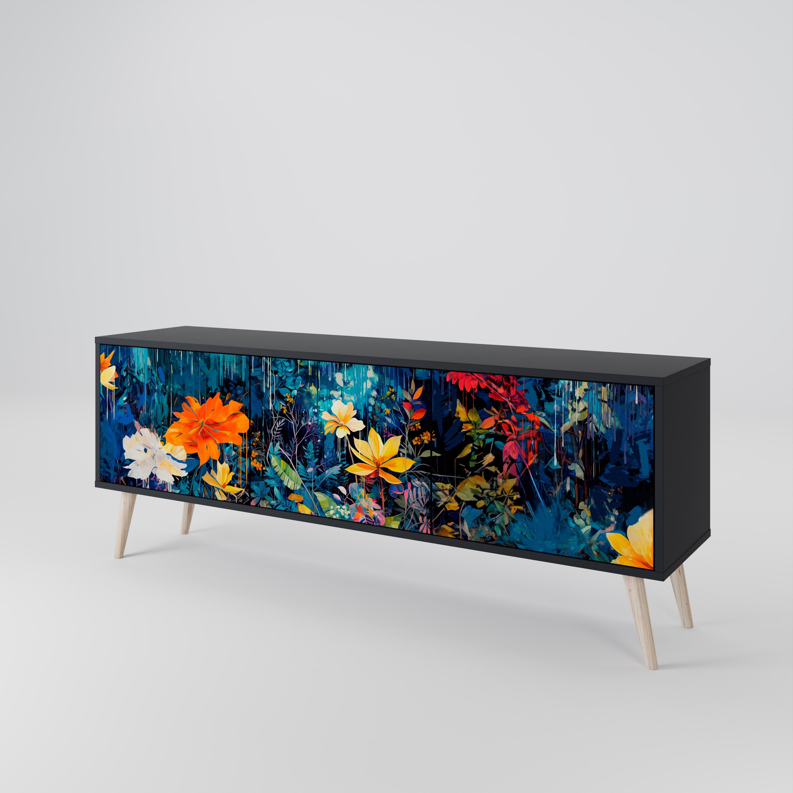 MIDNIGHT BLOSSOM 3-türiger TV-Ständer in Schwarz