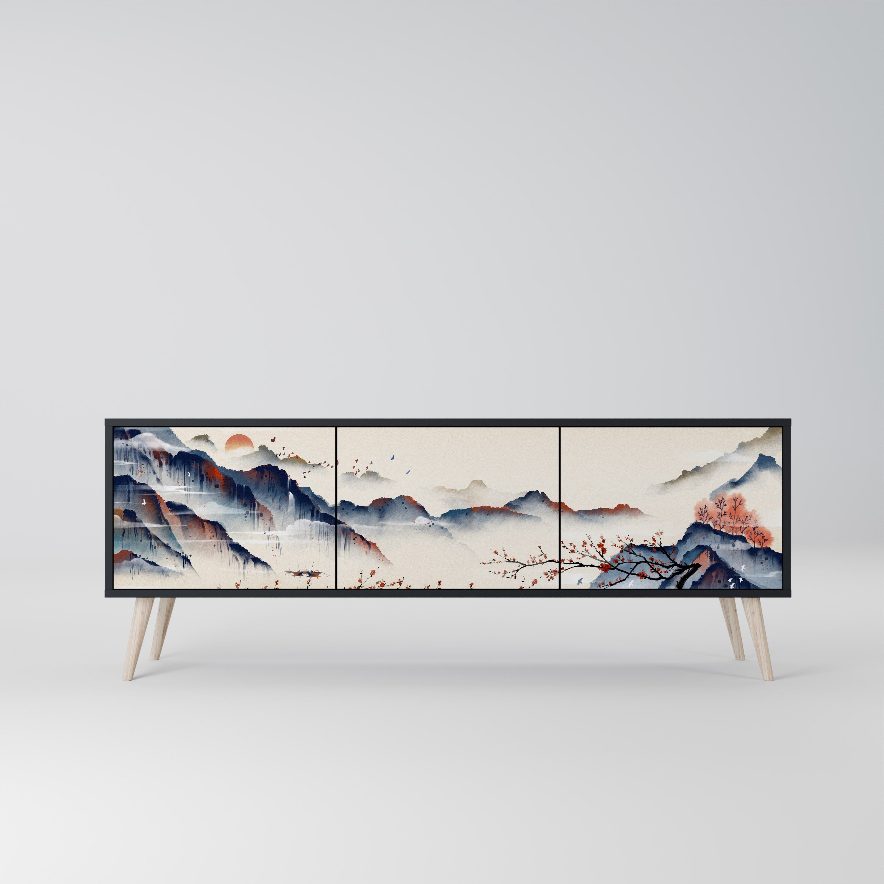 JAPANESE LANDSCAPE 3-türiger TV-Ständer in Schwarz