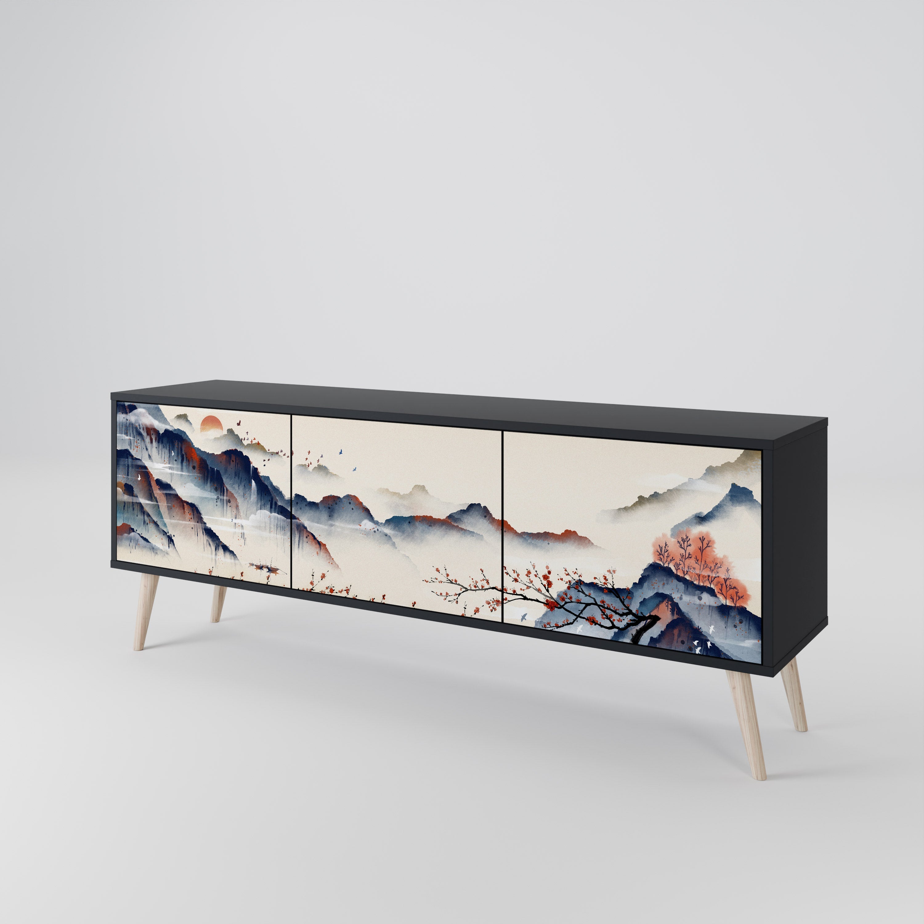 JAPANESE LANDSCAPE 3-türiger TV-Ständer in Schwarz