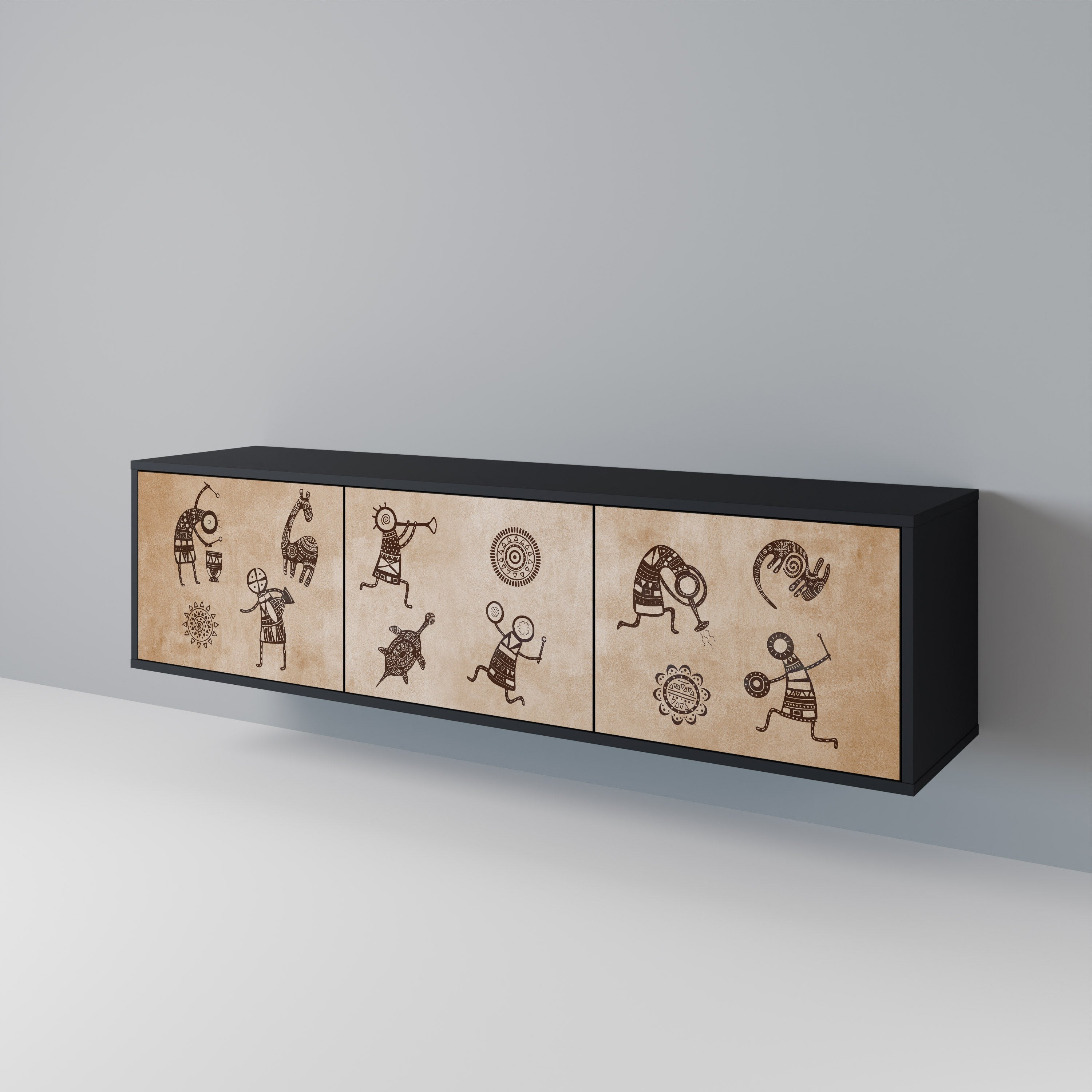 AFRICAN STYLE 3-Door TV Stand in Black Finish