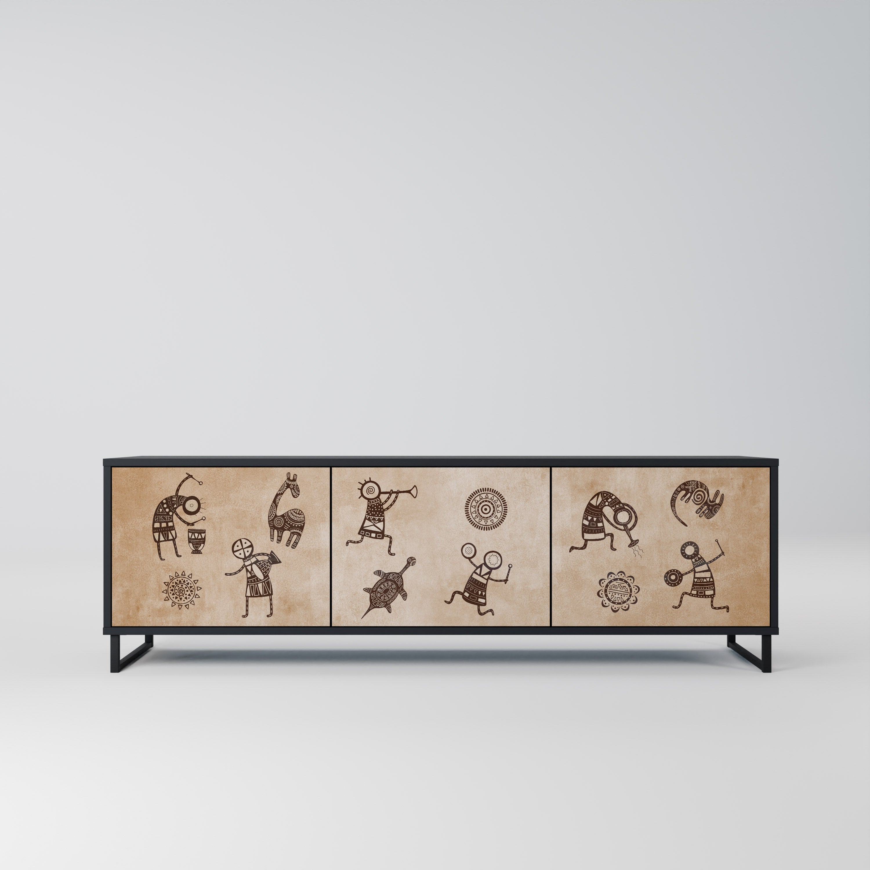 AFRICAN STYLE 3-Door TV Stand in Black Finish