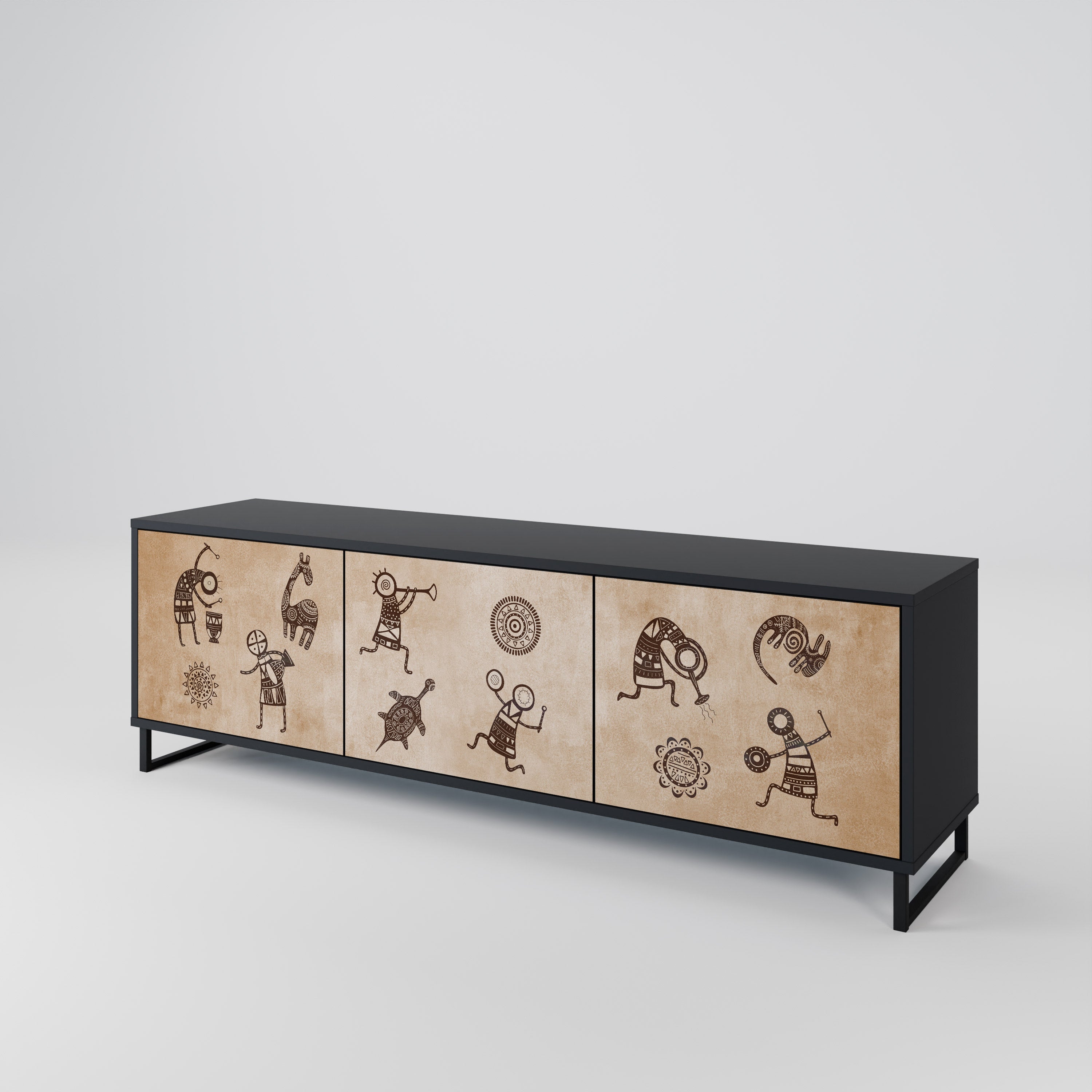 AFRICAN STYLE 3-Door TV Stand in Black Finish