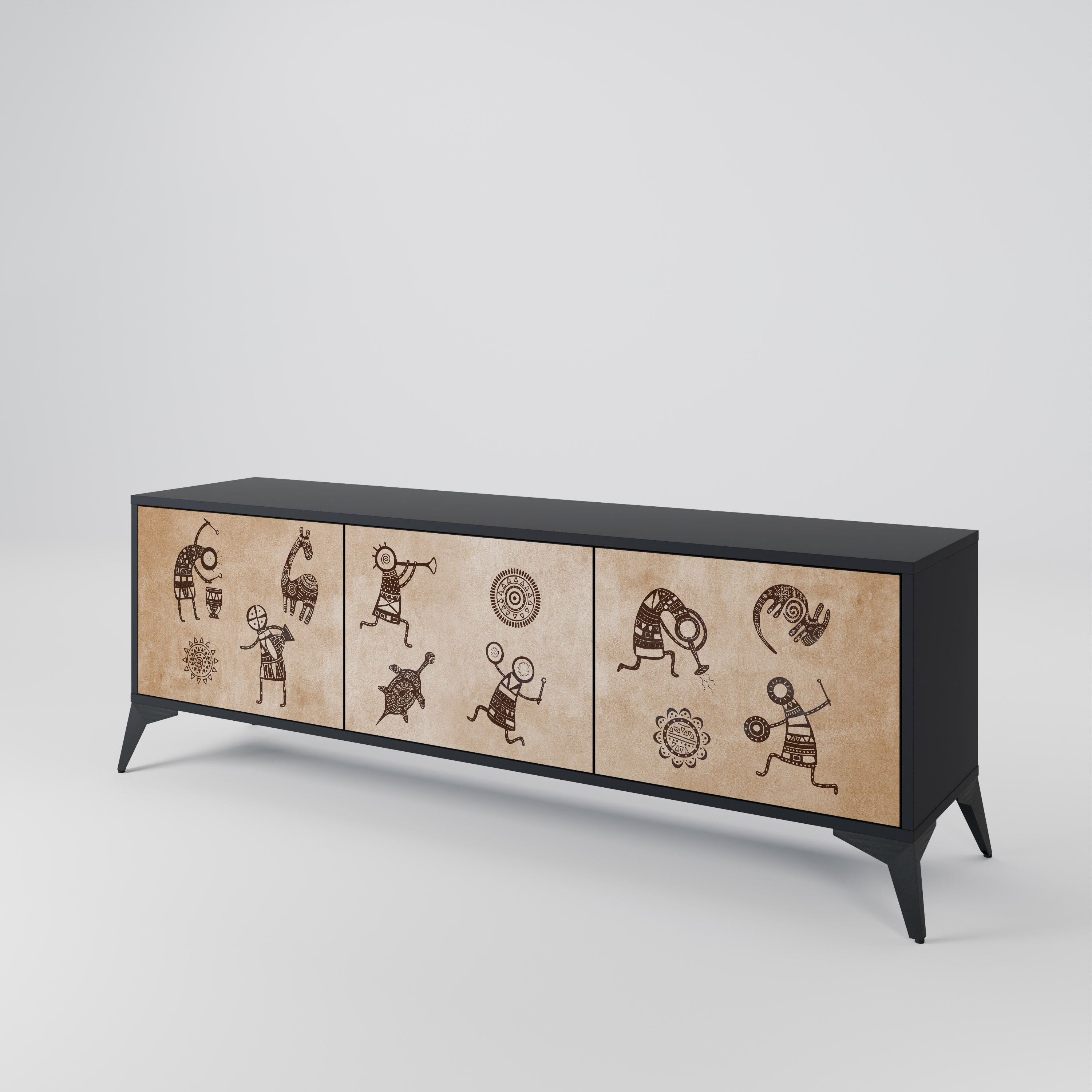 AFRICAN STYLE 3-Door TV Stand in Black Finish
