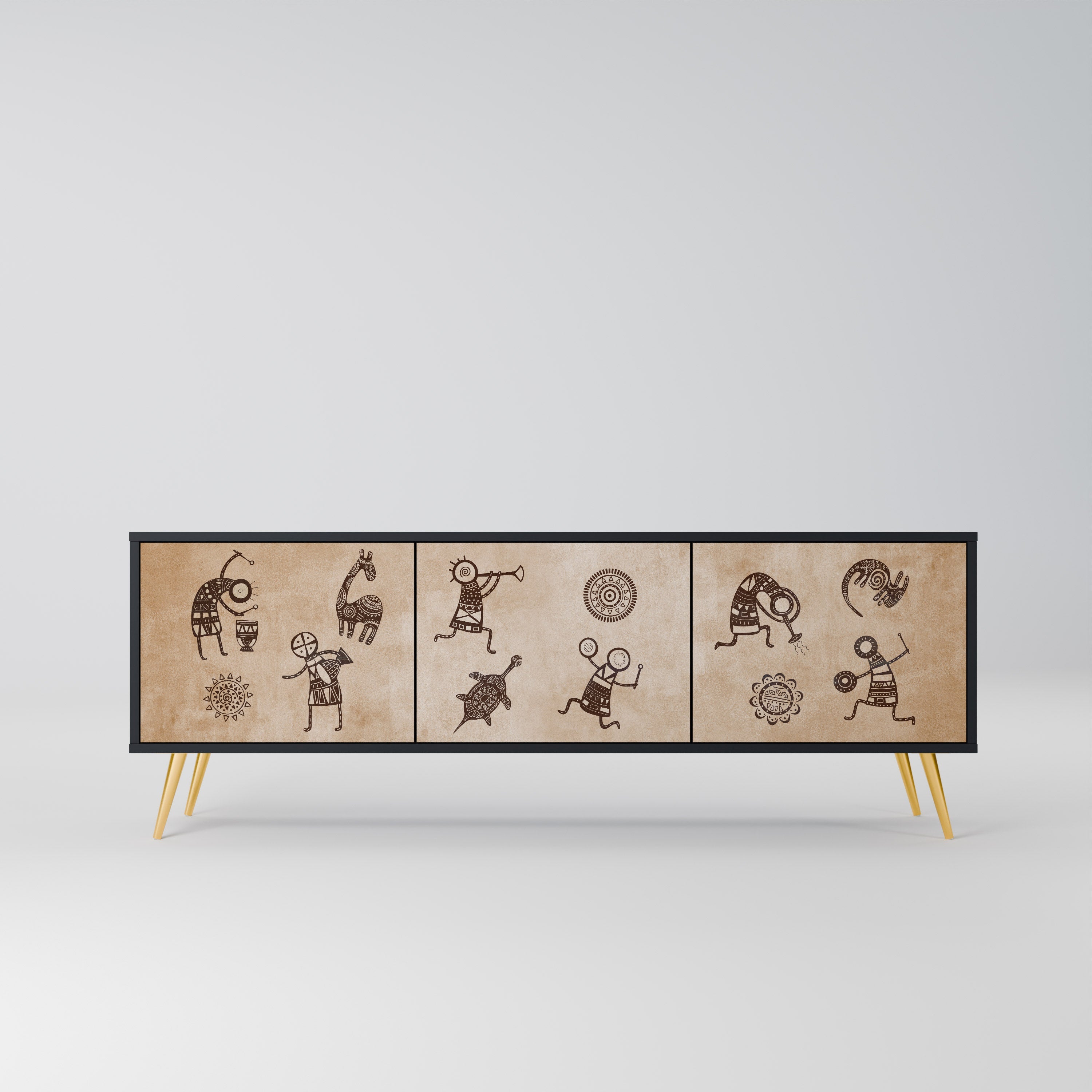 AFRICAN STYLE 3-Door TV Stand in Black Finish