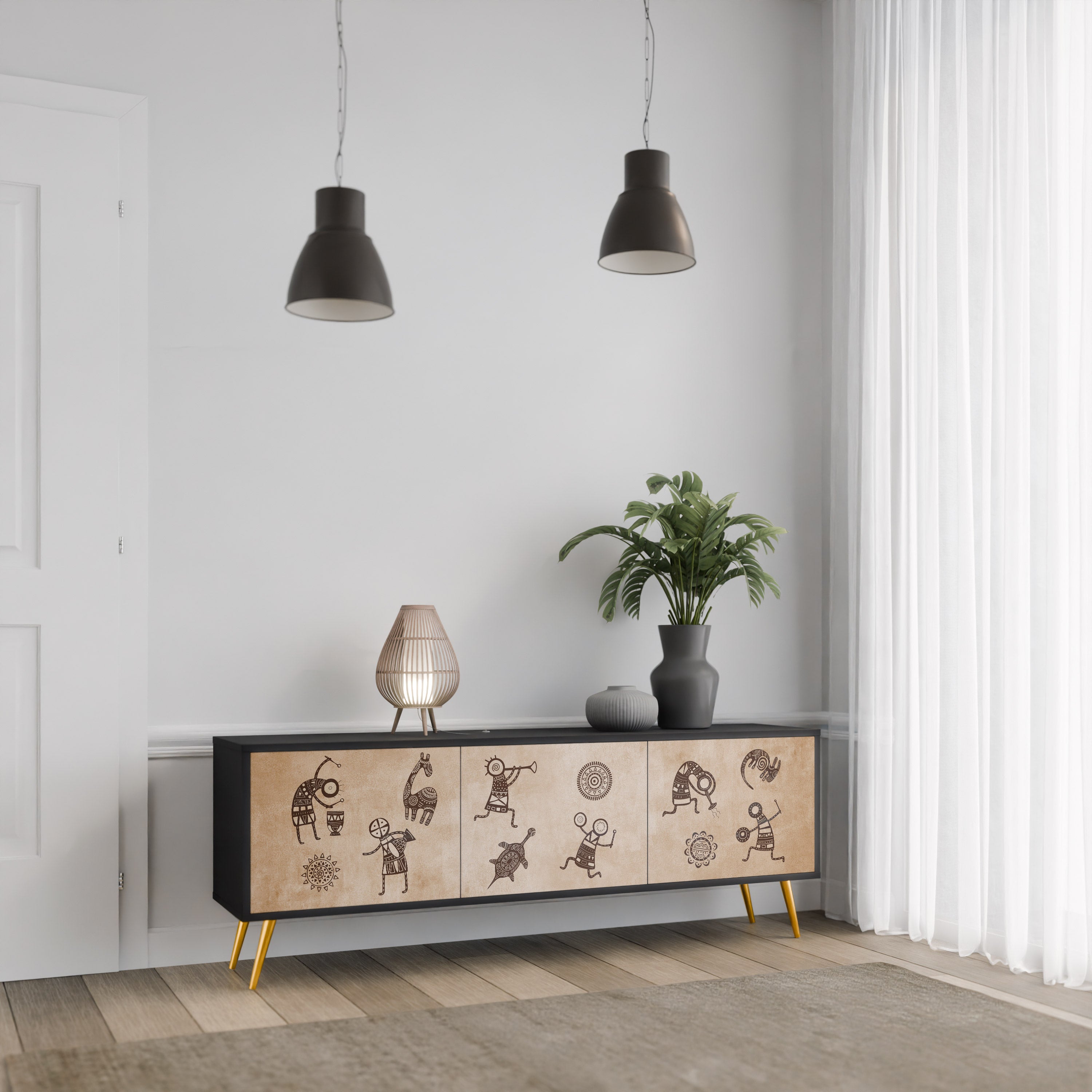 AFRICAN STYLE 3-Door TV Stand in Black Finish