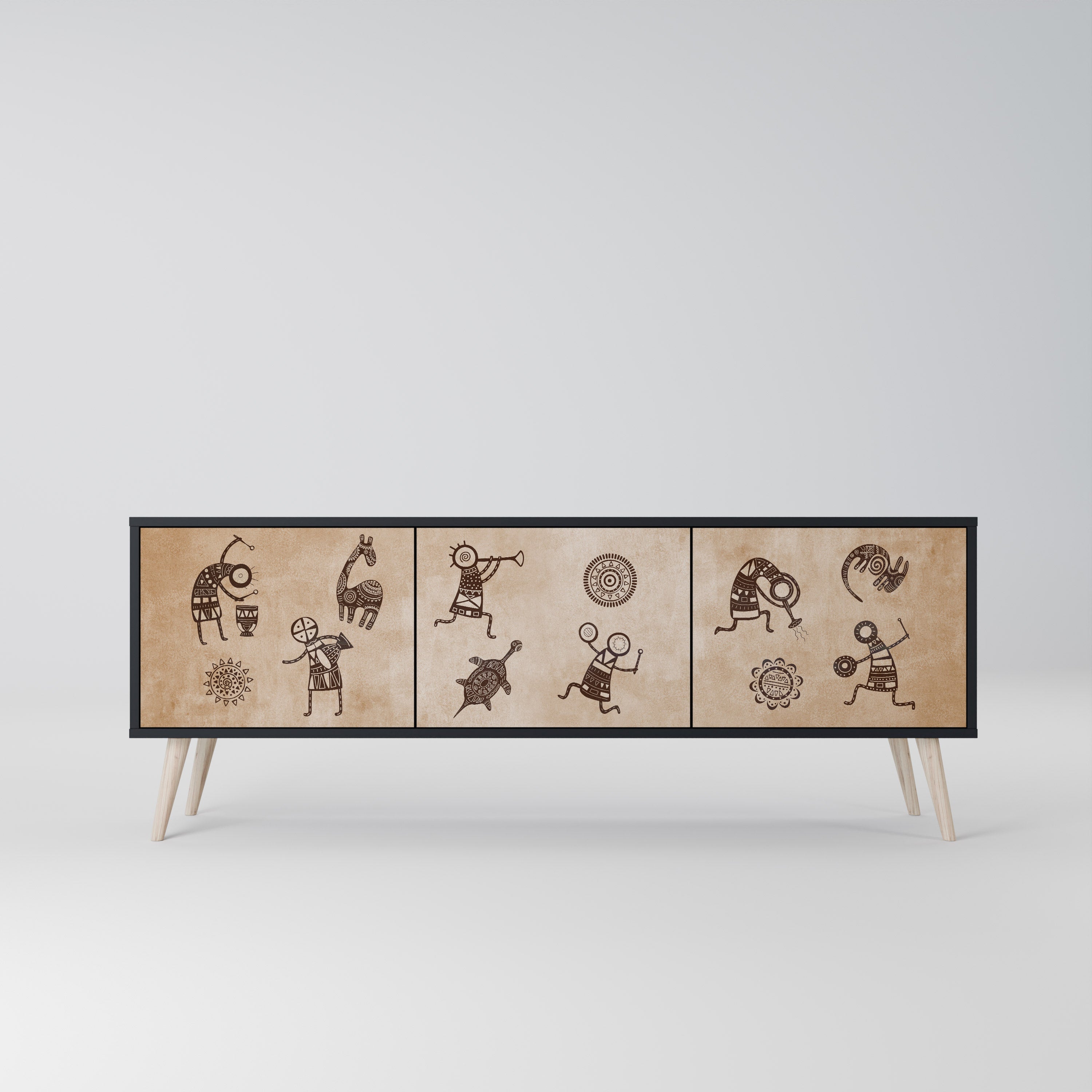 AFRICAN STYLE 3-Door TV Stand in Black Finish