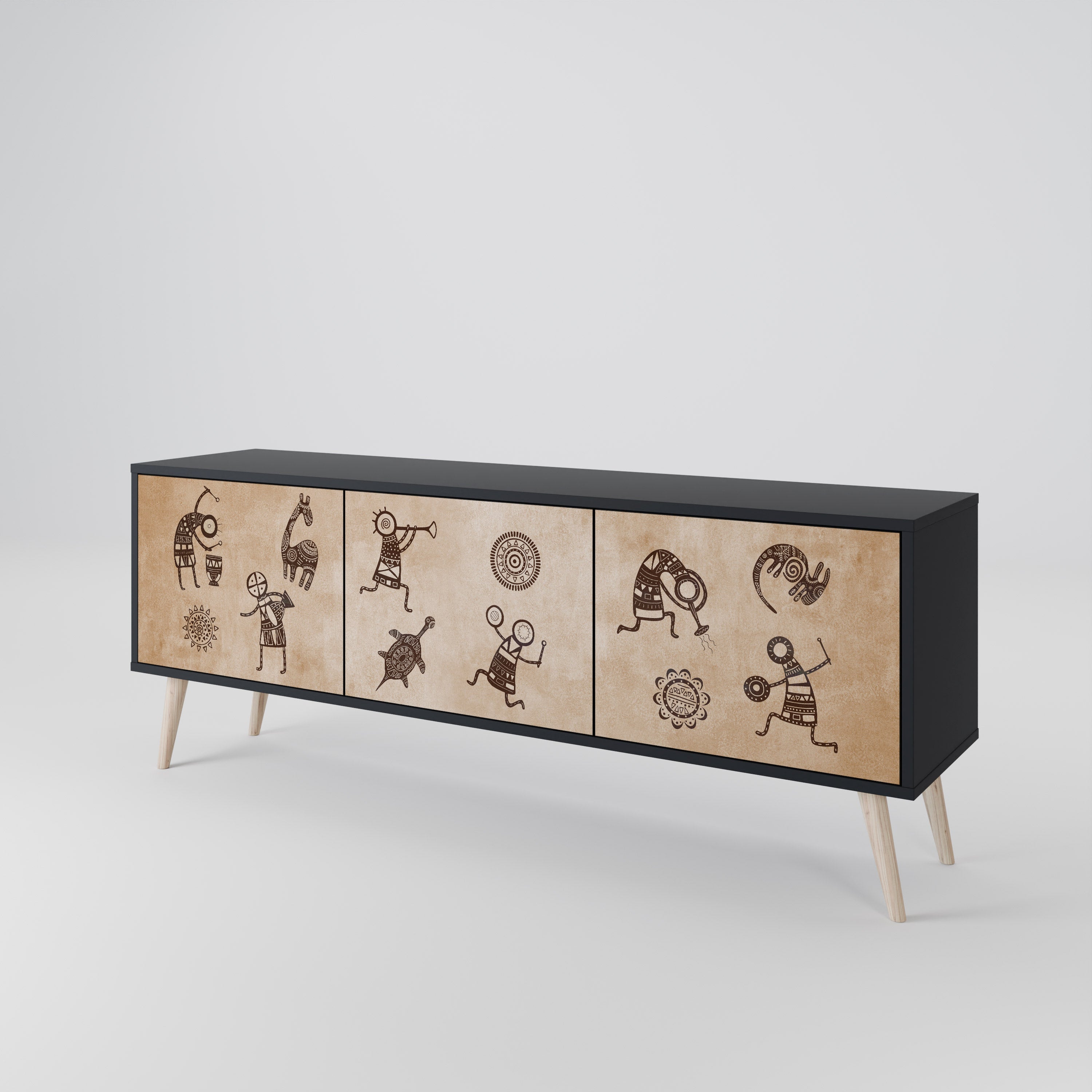 AFRICAN STYLE 3-Door TV Stand in Black Finish
