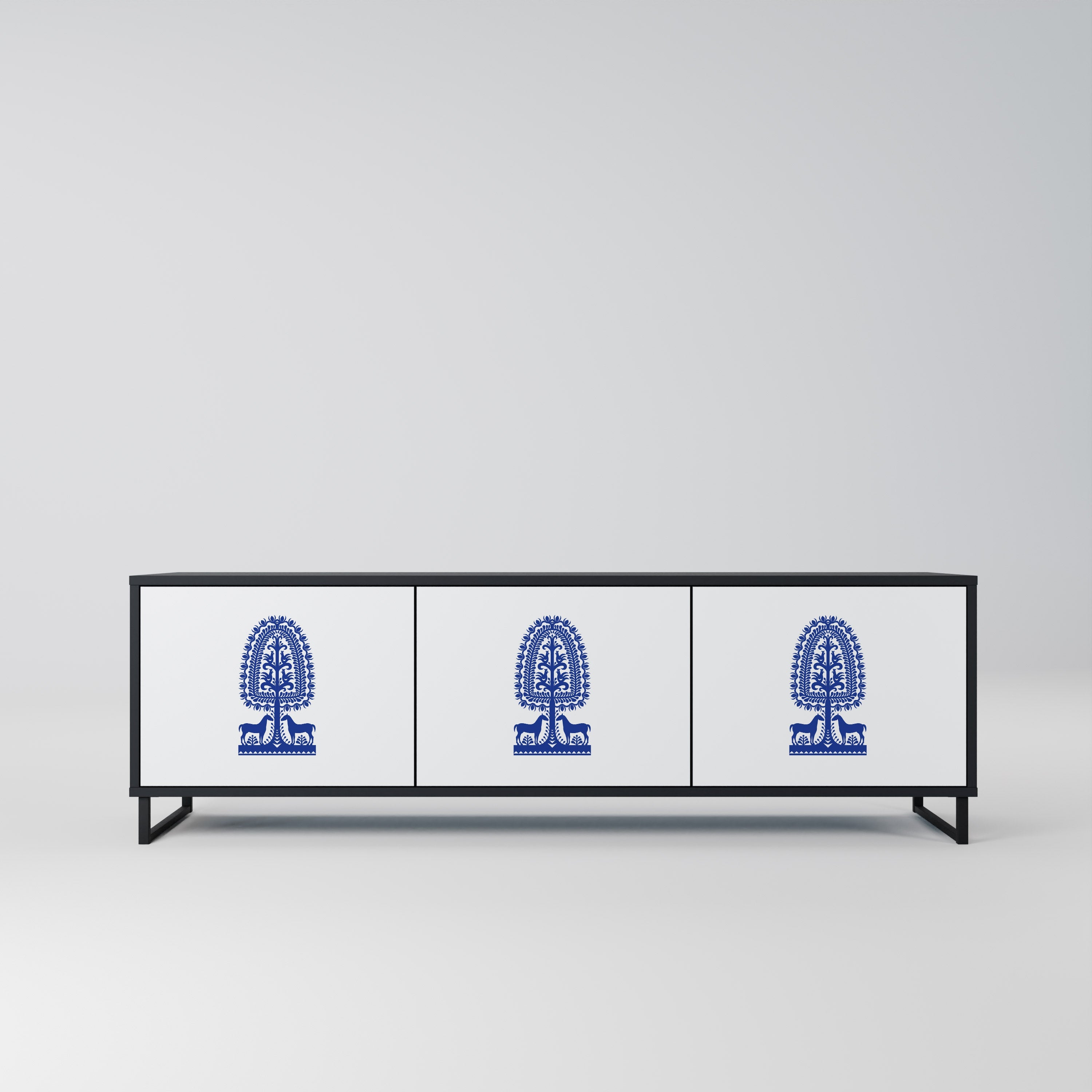 POLISH FOLK ART TV-Lowboard mit 3 Türen in Schwarz