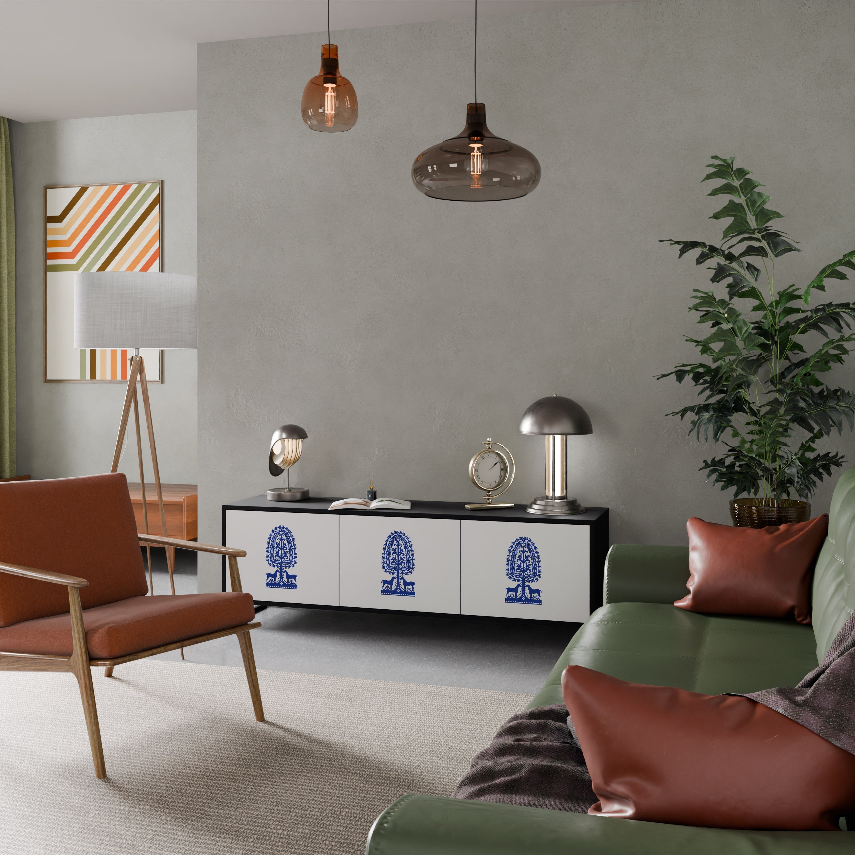 POLISH FOLK ART TV-Lowboard mit 3 Türen in Schwarz