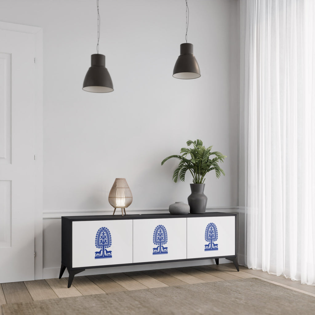 POLISH FOLK ART TV-Lowboard mit 3 Türen in Schwarz