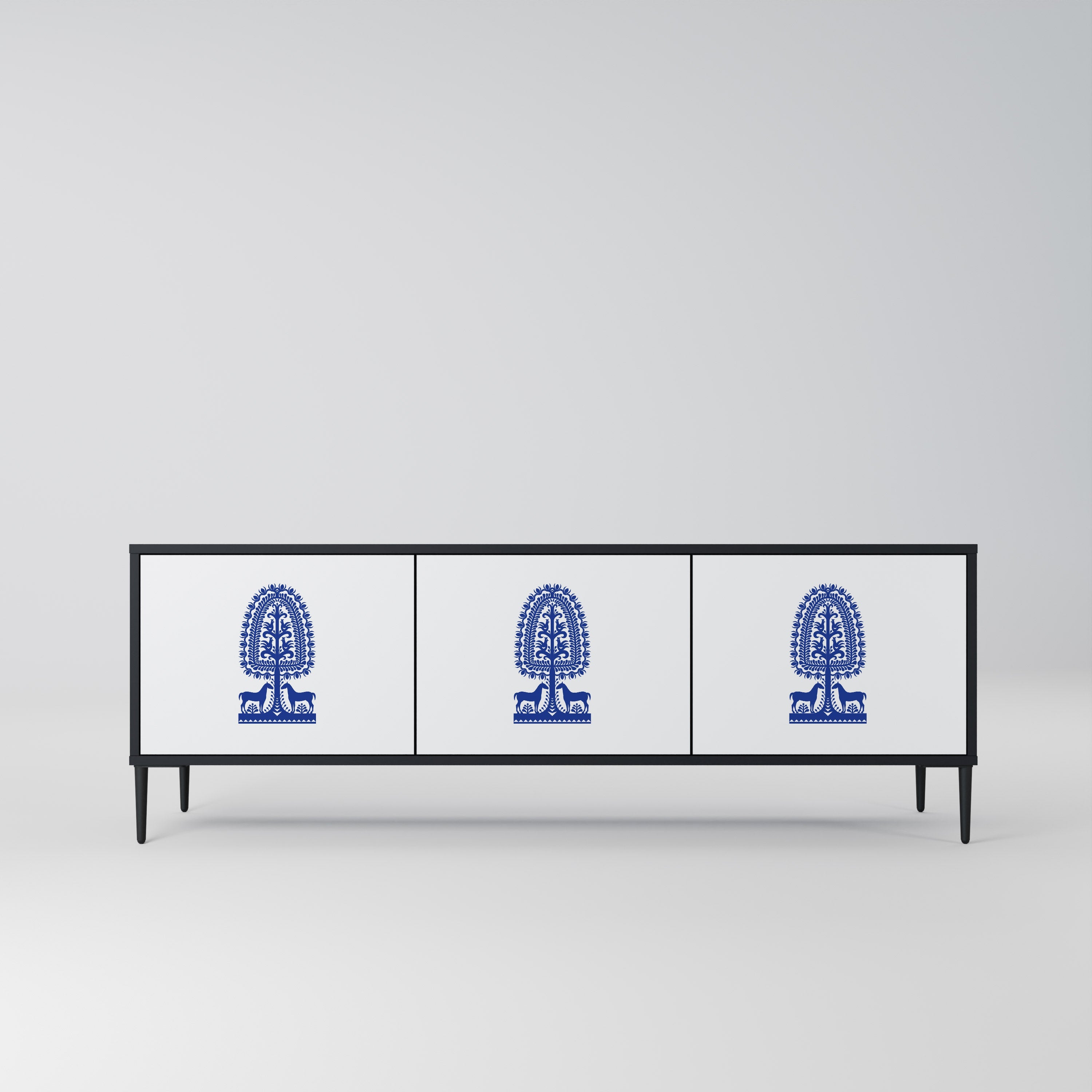 POLISH FOLK ART TV-Lowboard mit 3 Türen in Schwarz