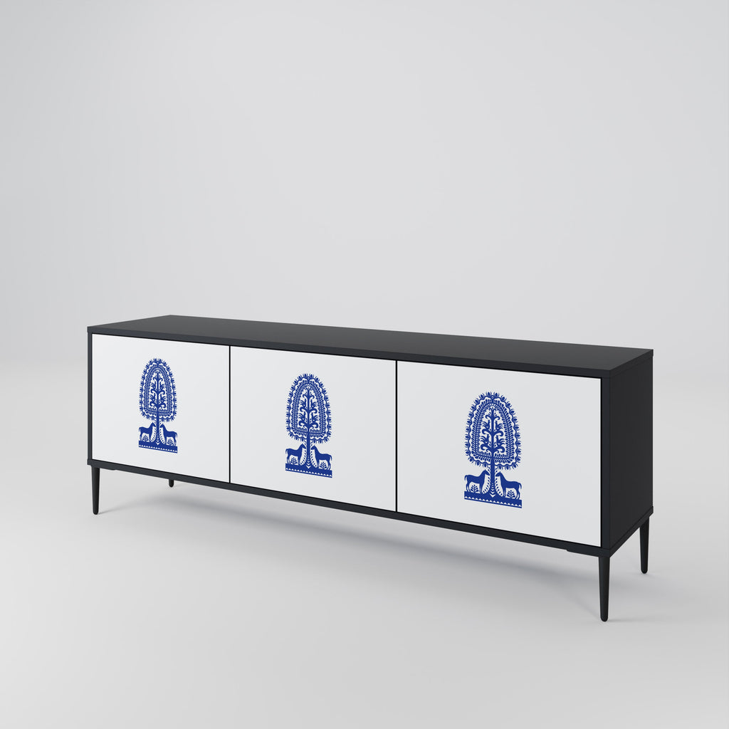 POLISH FOLK ART TV-Lowboard mit 3 Türen in Schwarz