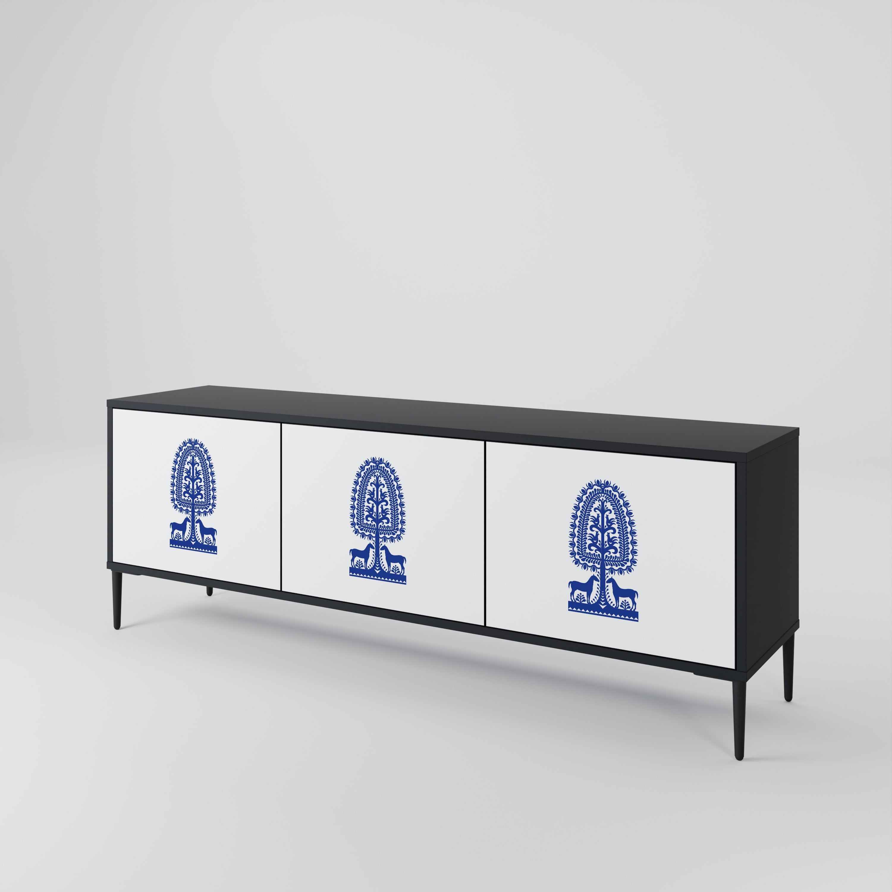 POLISH FOLK ART TV-Lowboard mit 3 Türen in Schwarz