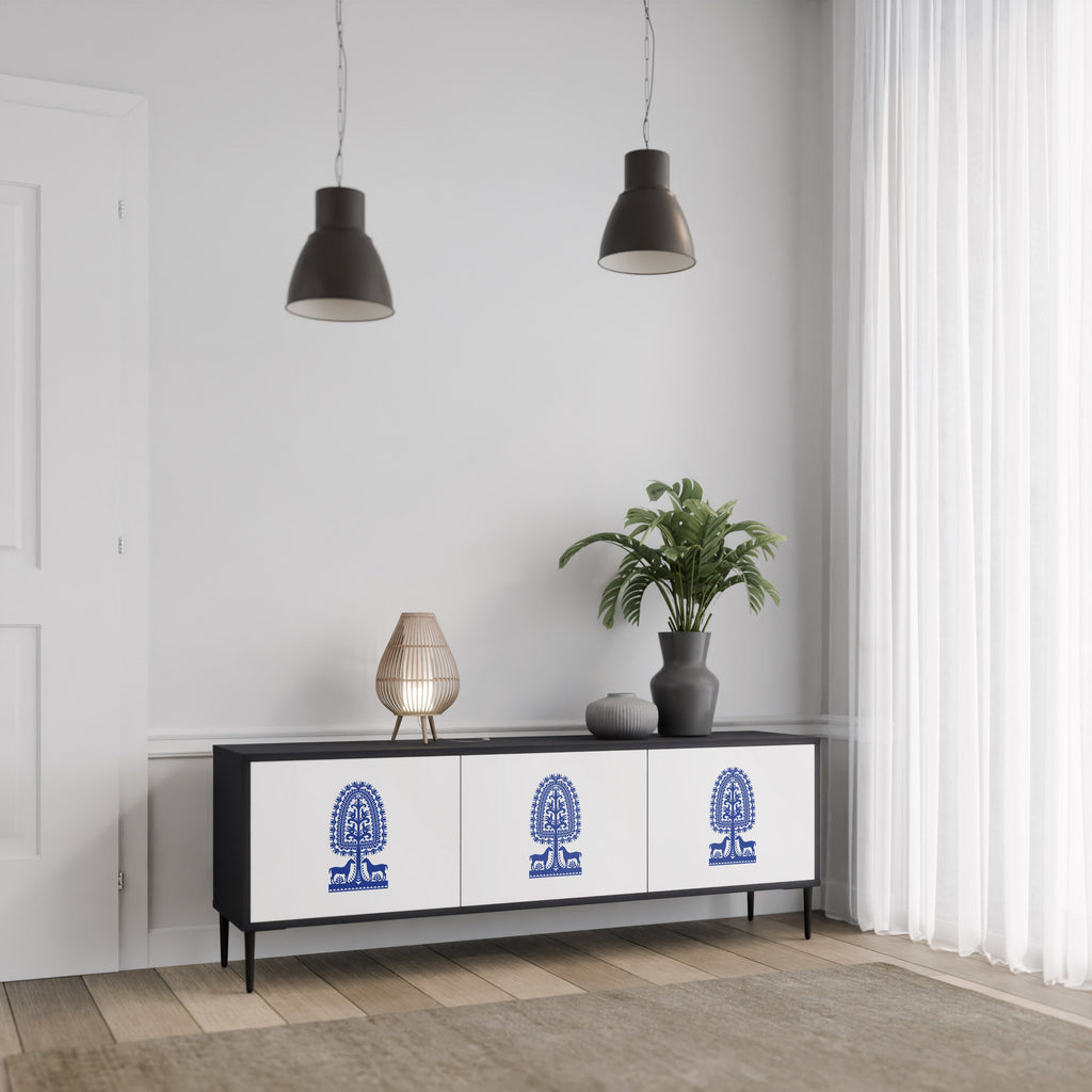 POLISH FOLK ART TV-Lowboard mit 3 Türen in Schwarz