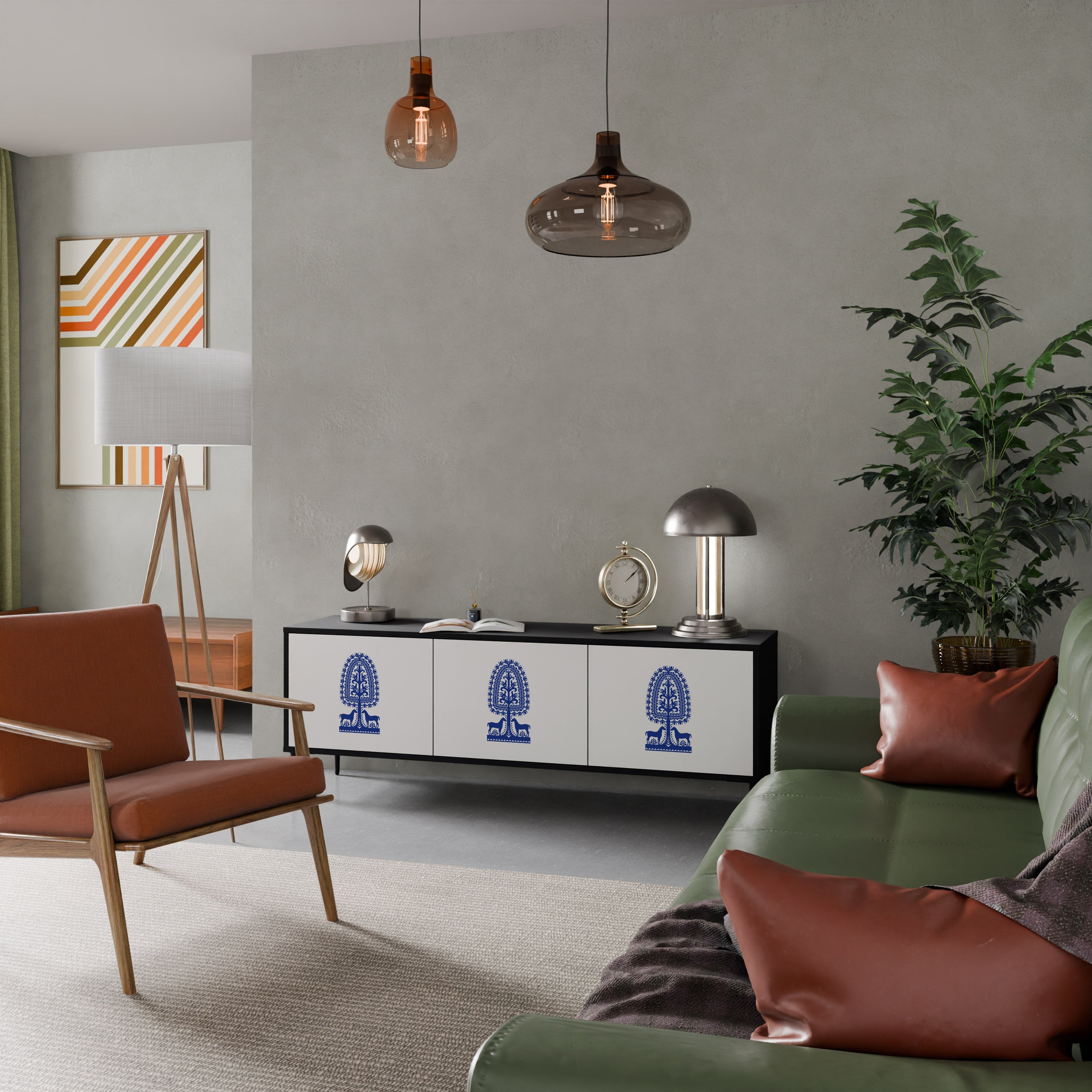 POLISH FOLK ART TV-Lowboard mit 3 Türen in Schwarz