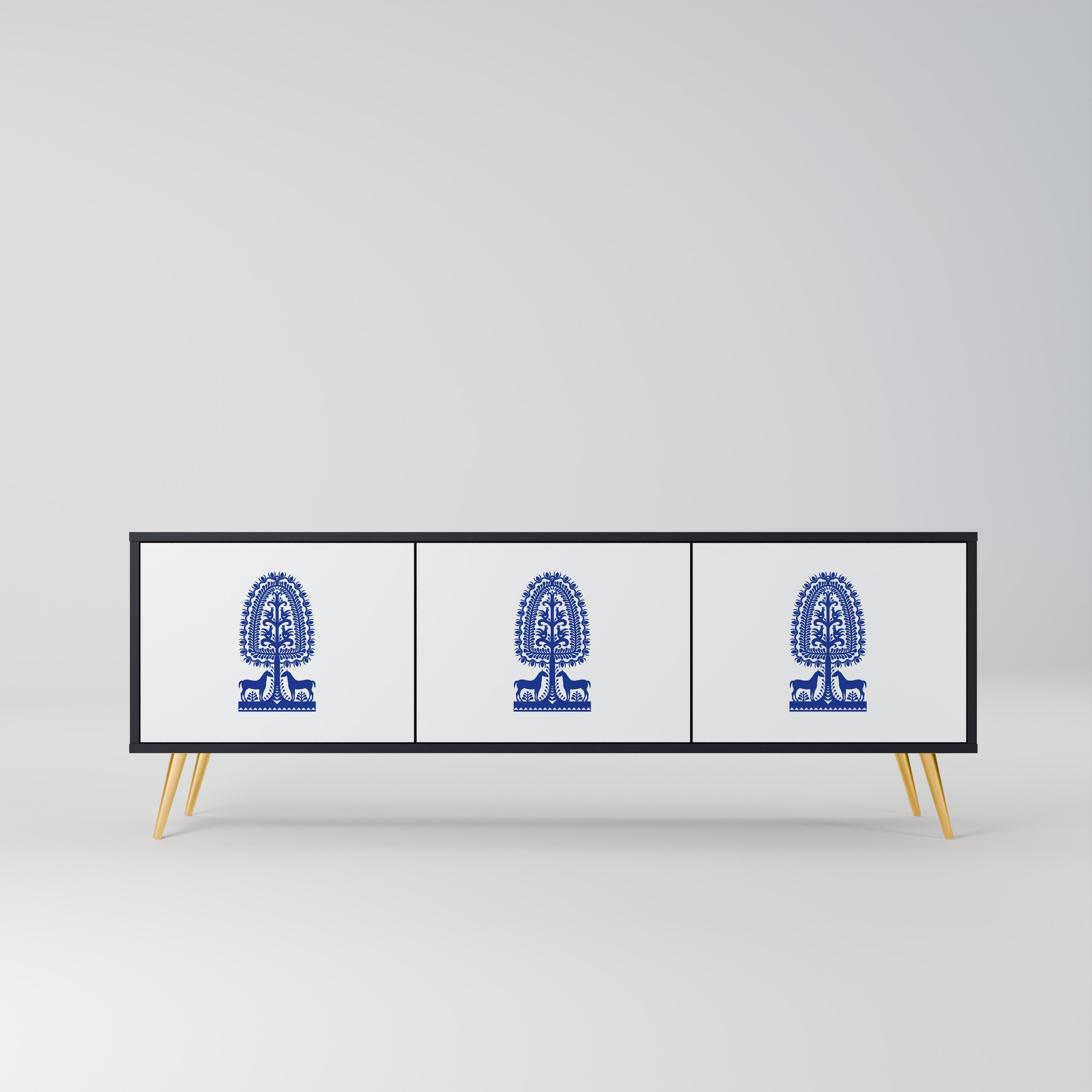 POLISH FOLK ART TV-Lowboard mit 3 Türen in Schwarz