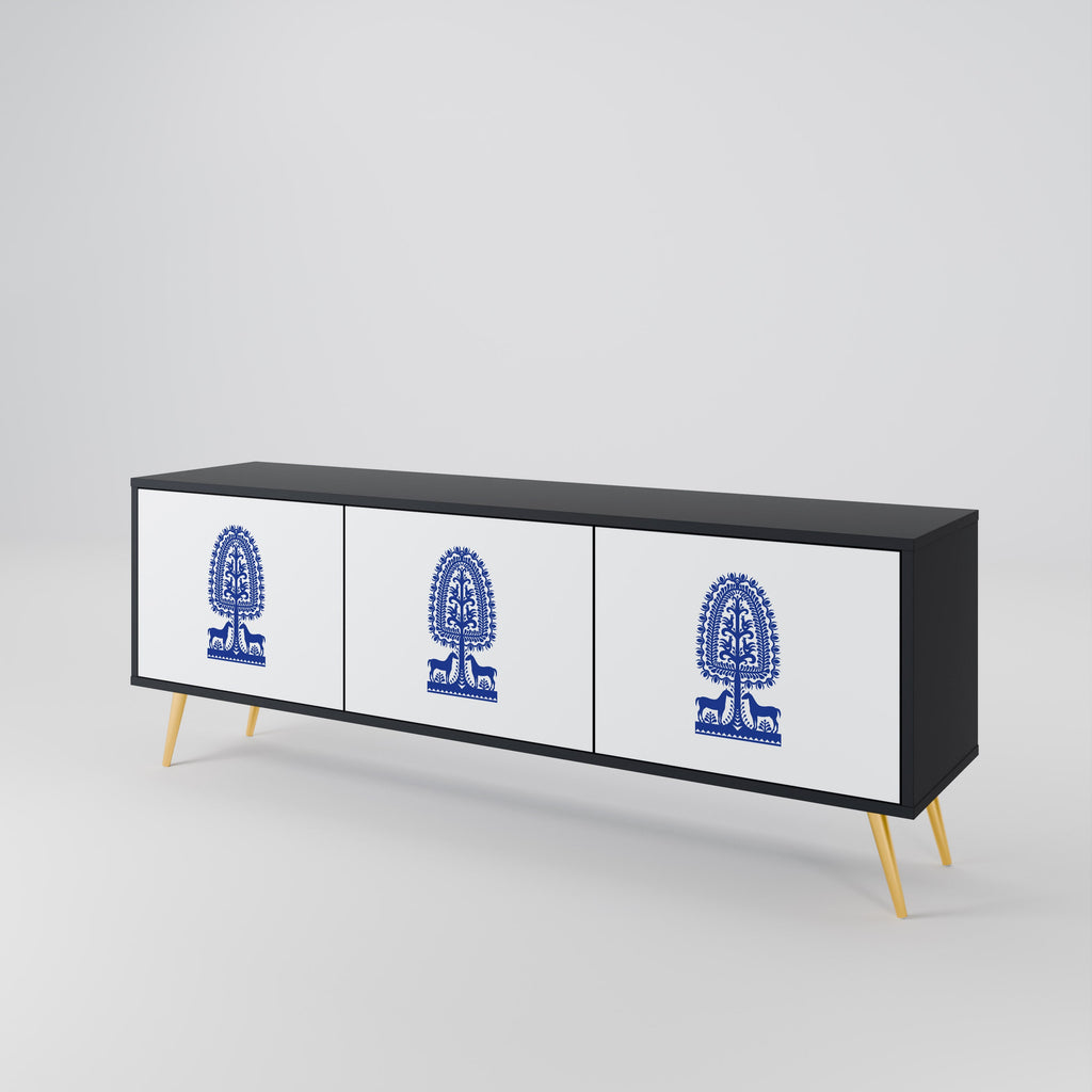 POLISH FOLK ART TV-Lowboard mit 3 Türen in Schwarz