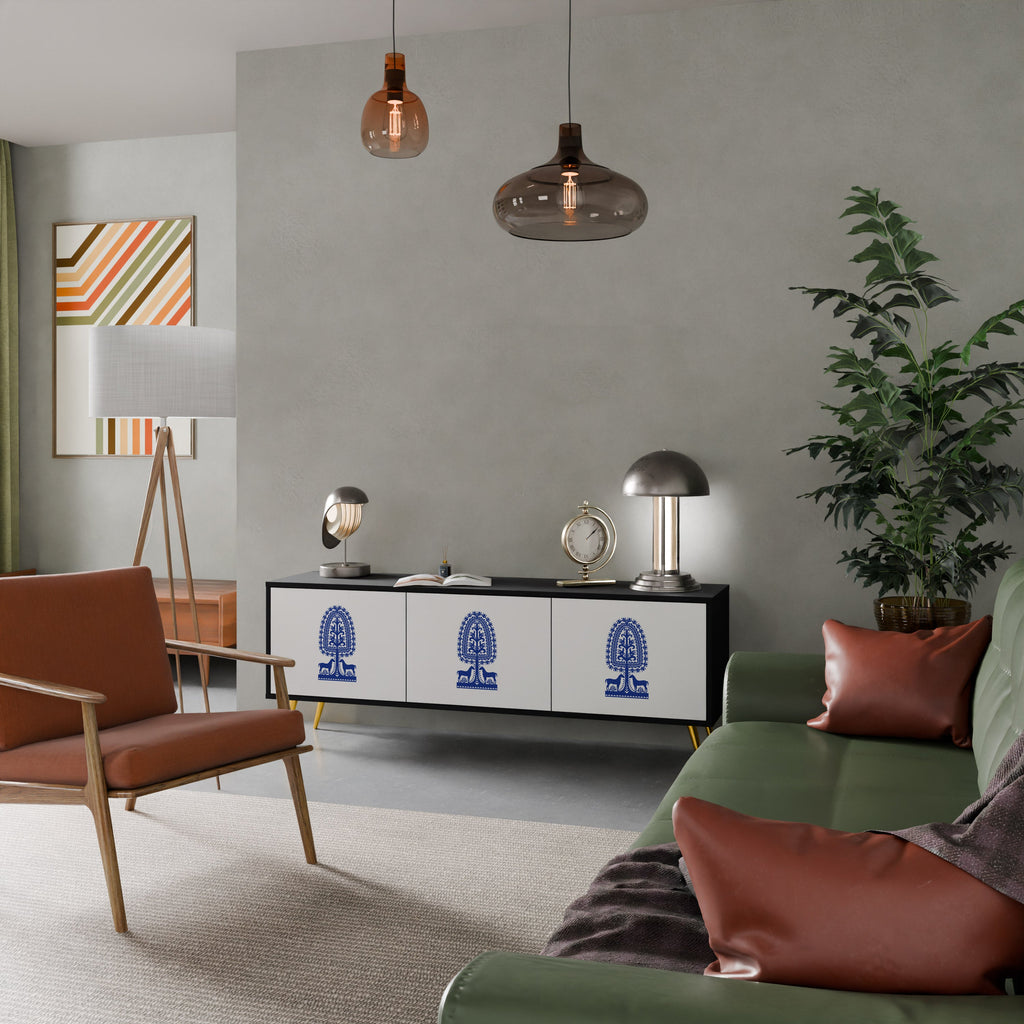 POLISH FOLK ART TV-Lowboard mit 3 Türen in Schwarz