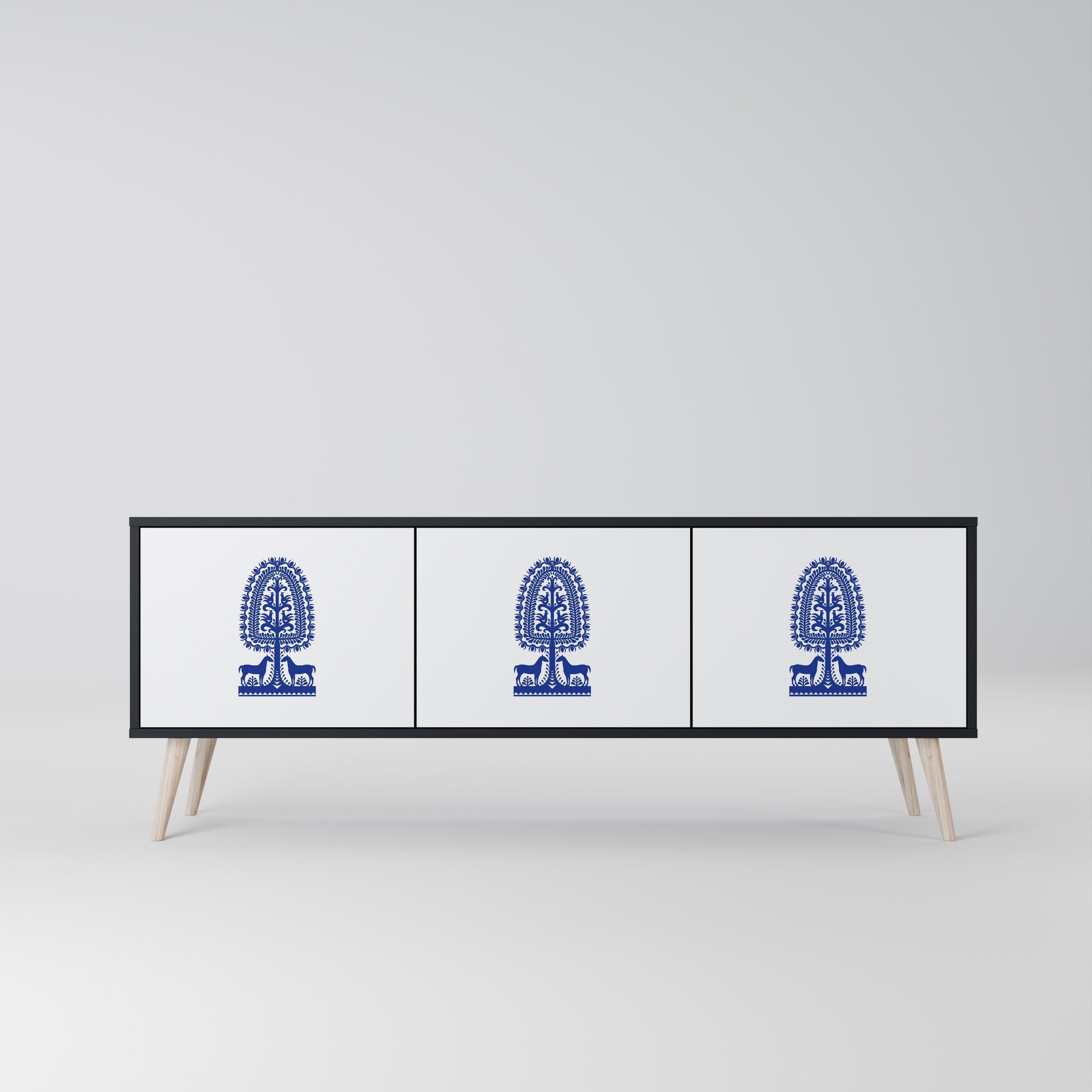 POLISH FOLK ART TV-Lowboard mit 3 Türen in Schwarz