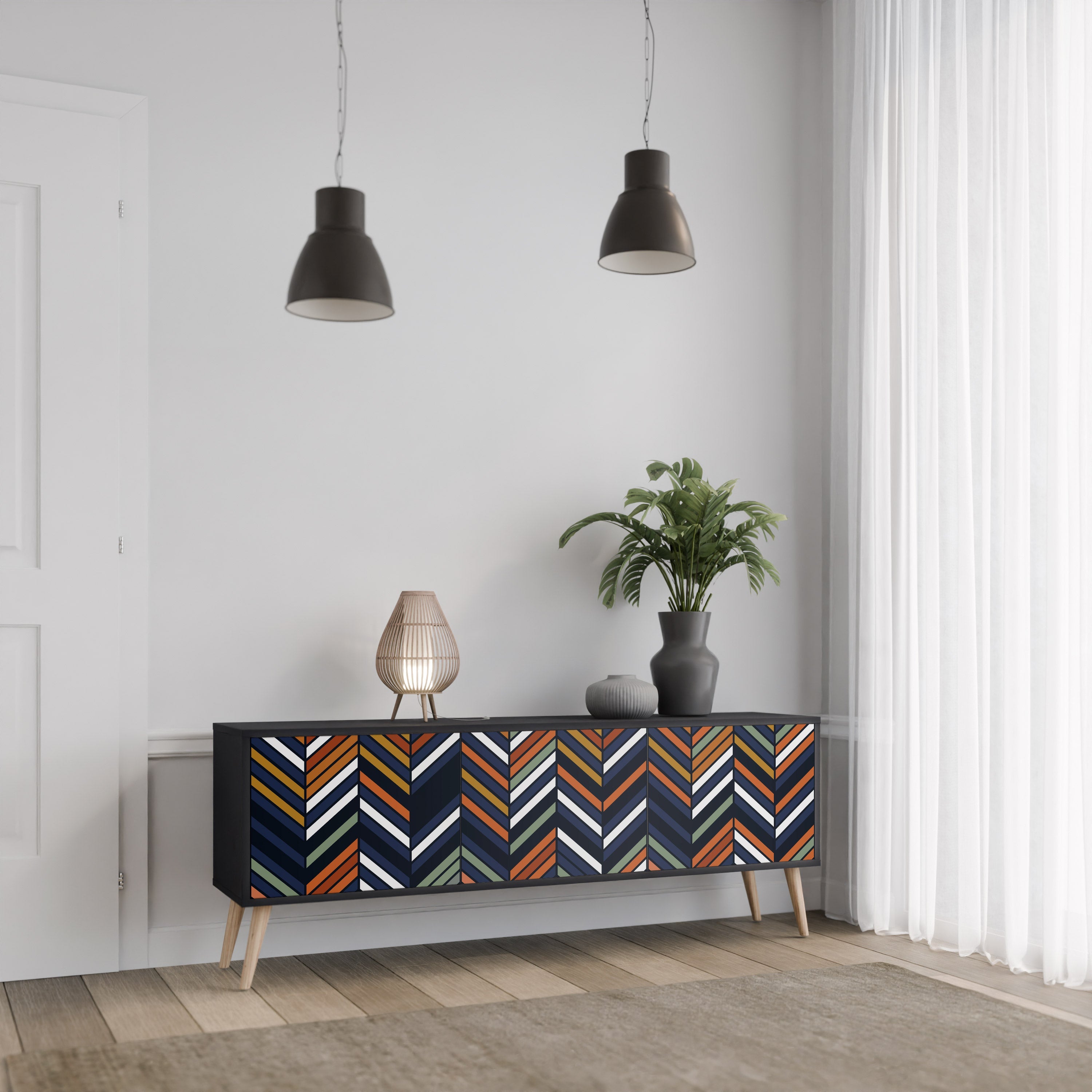VIBRANT PATCHWORK 3-türiger TV-Ständer in Schwarz