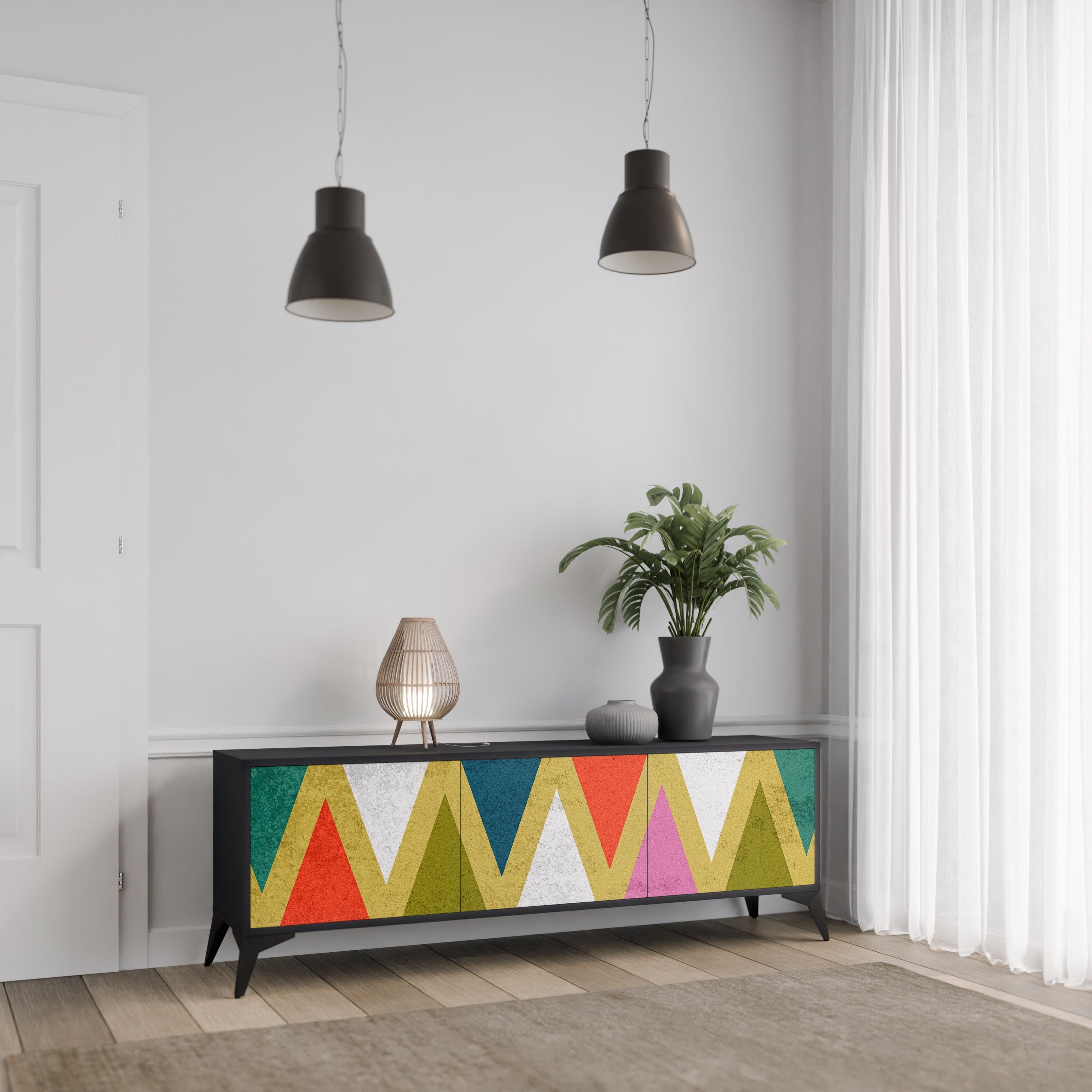 COLORFUL TRIANGLES 3-türiger TV-Ständer in Schwarz
