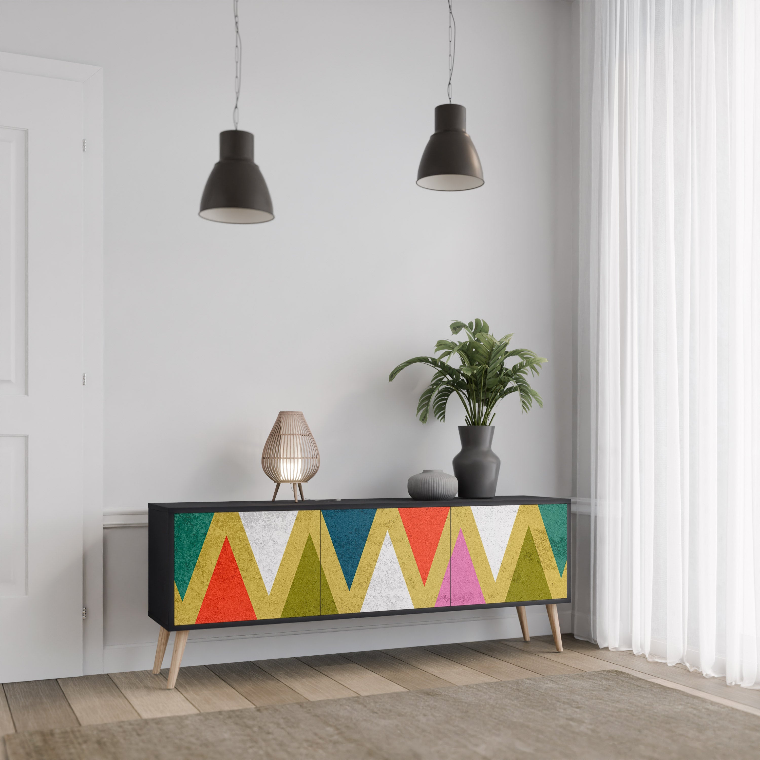 COLORFUL TRIANGLES 3-türiger TV-Ständer in Schwarz