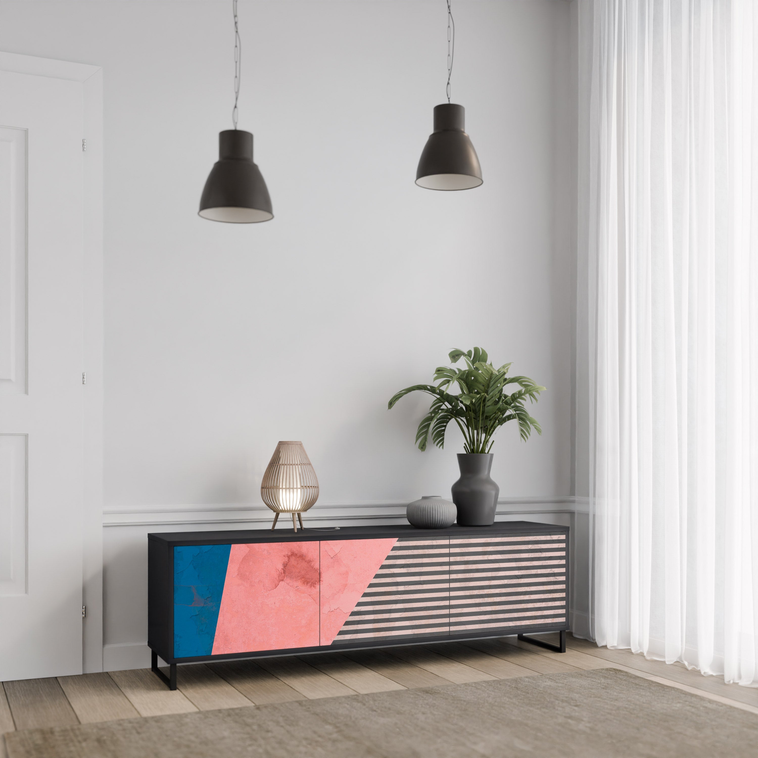 GLAMOROUS STRIPE 3-türiger TV-Ständer in Schwarz