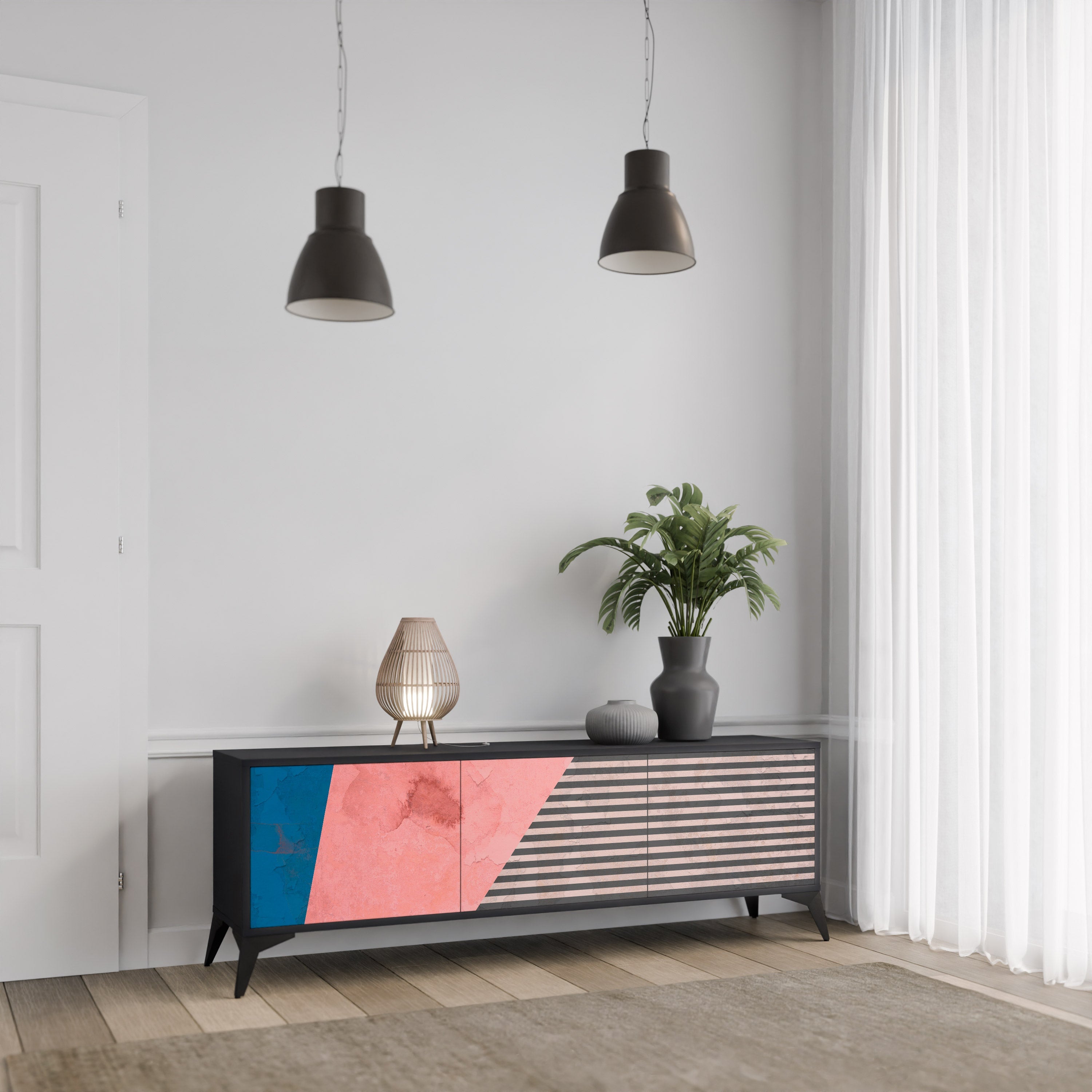 GLAMOROUS STRIPE 3-türiger TV-Ständer in Schwarz