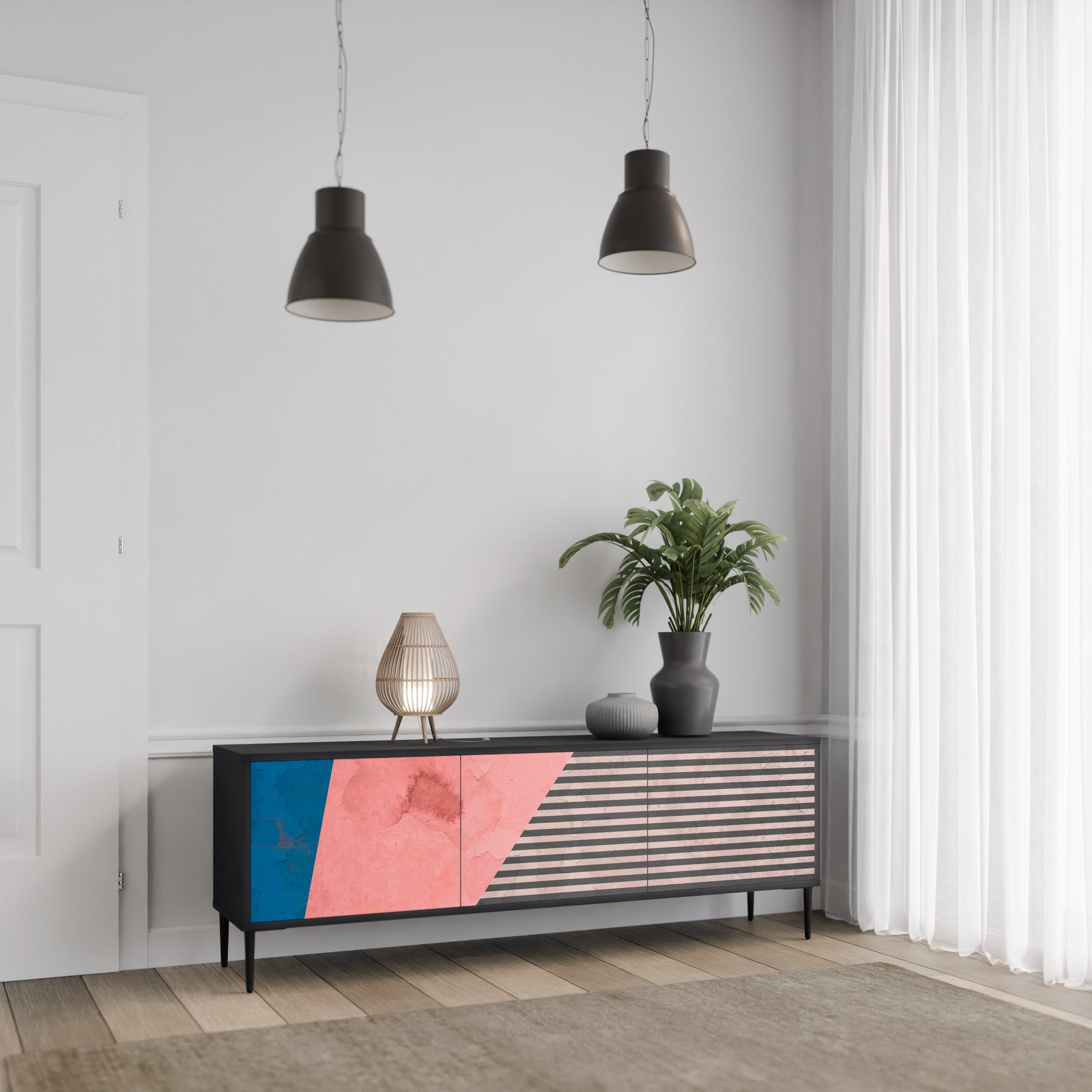 GLAMOROUS STRIPE 3-türiger TV-Ständer in Schwarz
