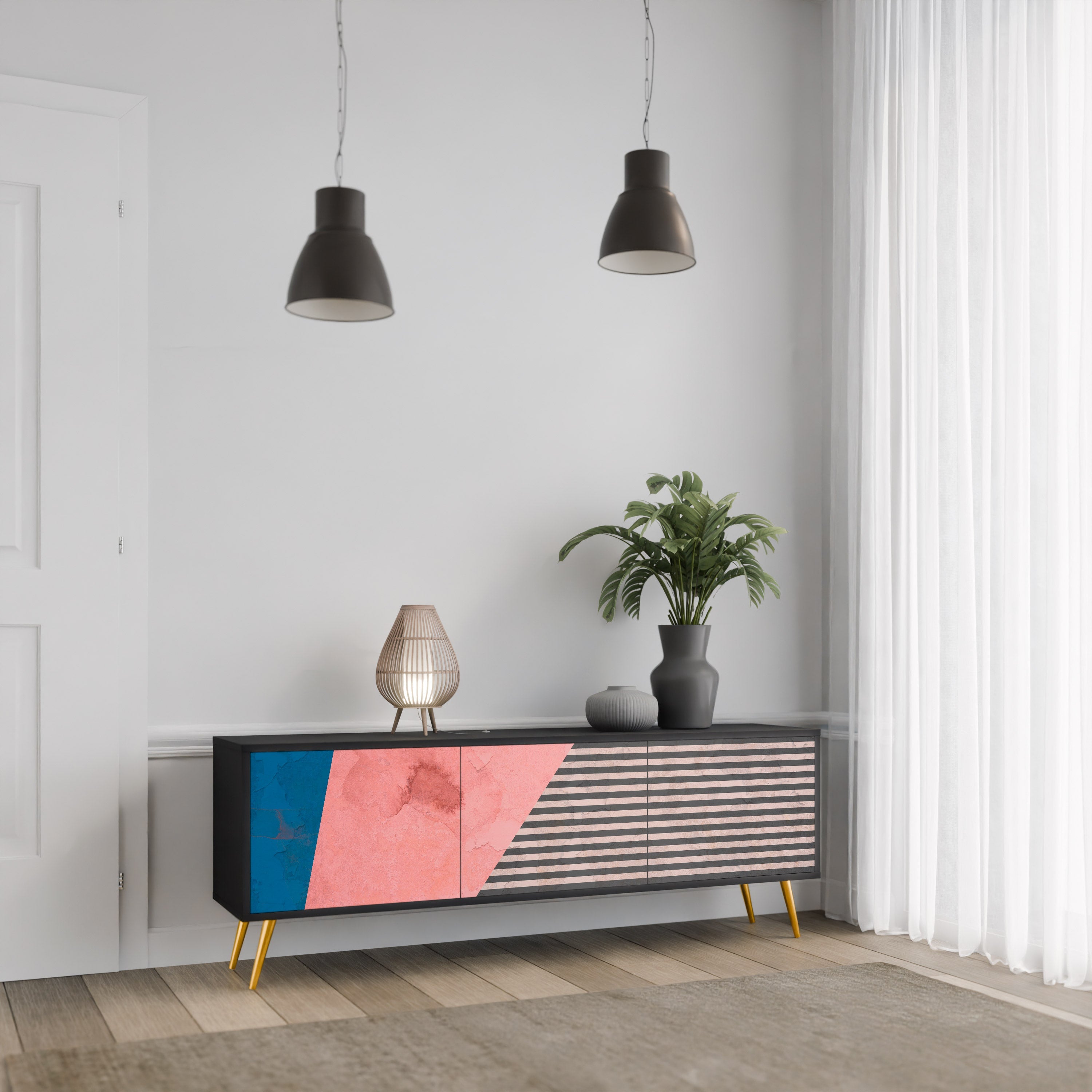 GLAMOROUS STRIPE 3-türiger TV-Ständer in Schwarz