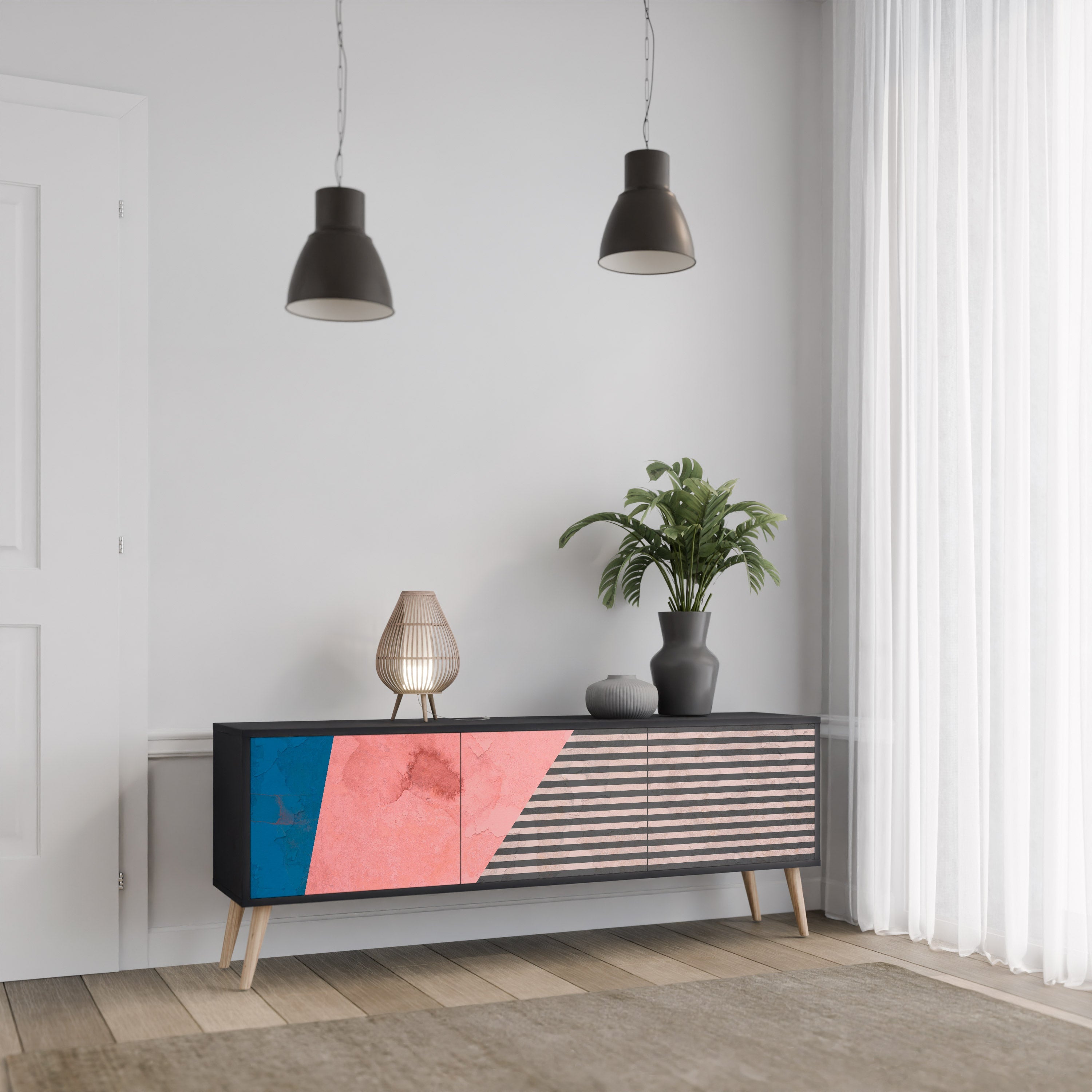 GLAMOROUS STRIPE 3-türiger TV-Ständer in Schwarz