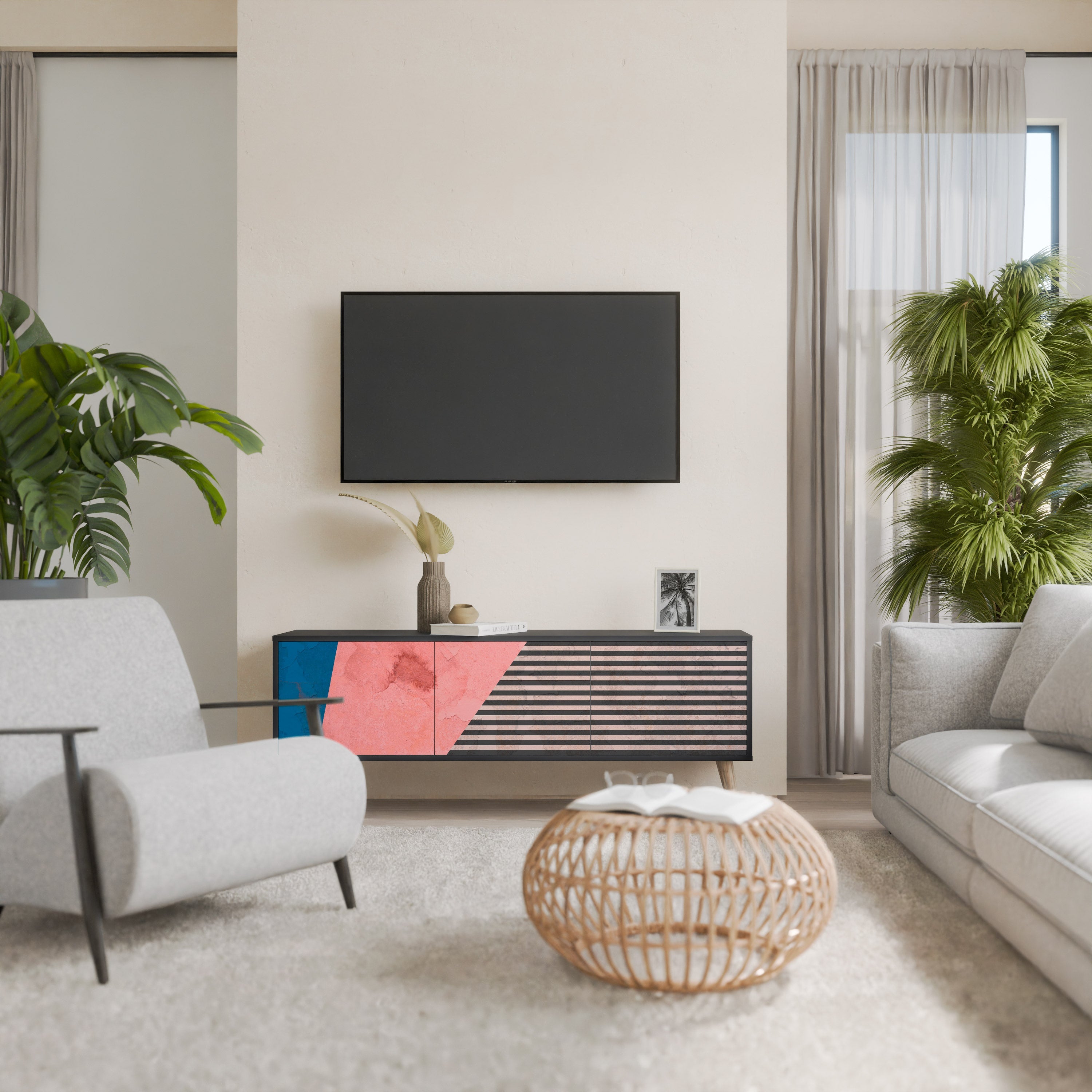 GLAMOROUS STRIPE 3-türiger TV-Ständer in Schwarz