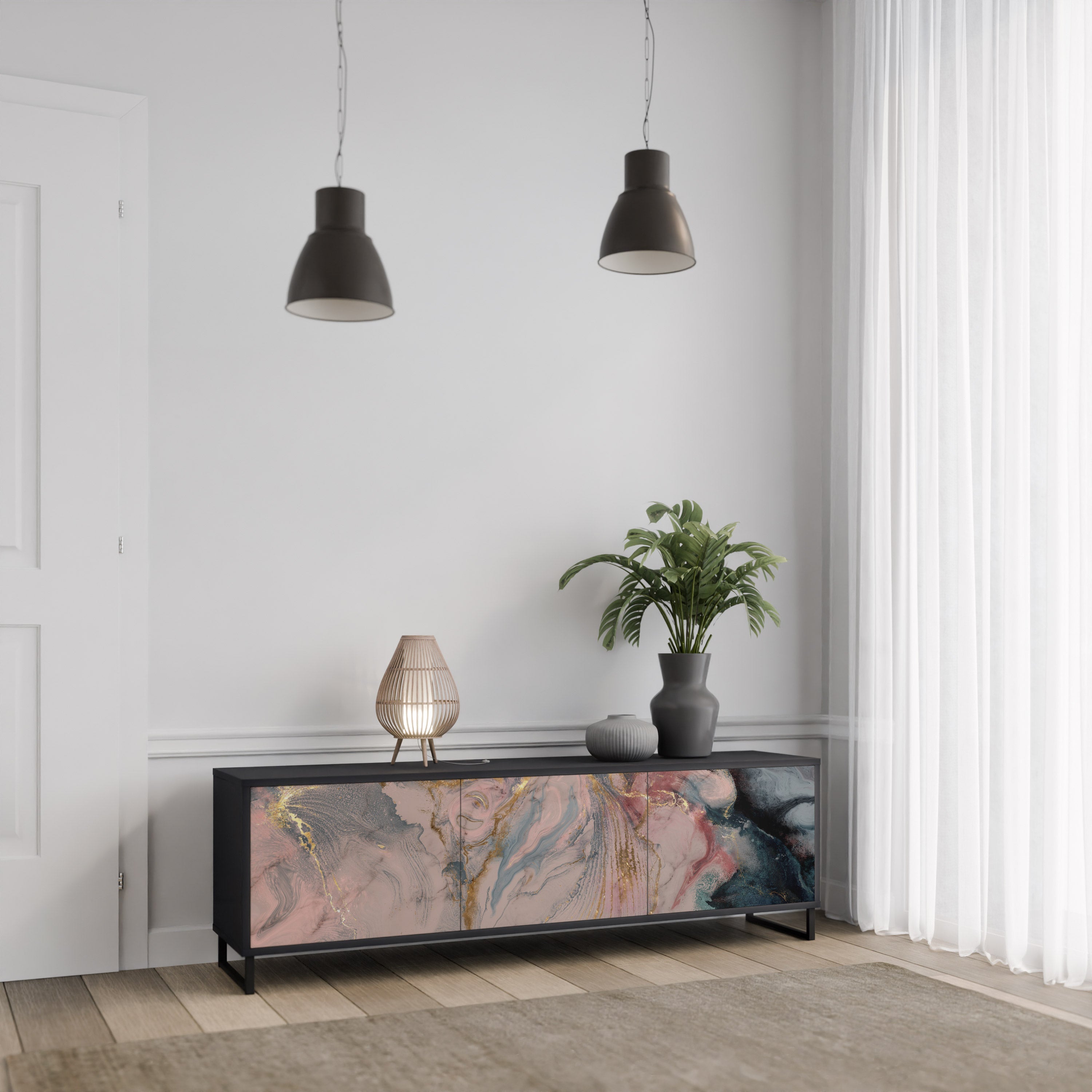 GILDED SWIRLS 3-türiger TV-Ständer in Schwarz