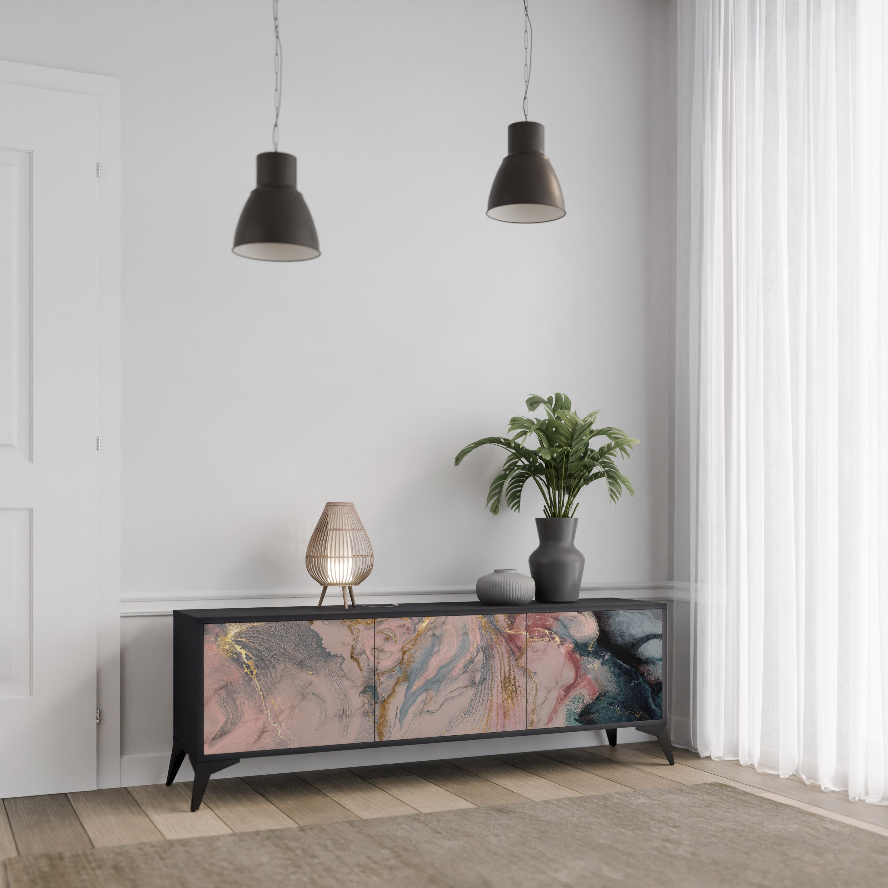 GILDED SWIRLS 3-türiger TV-Ständer in Schwarz