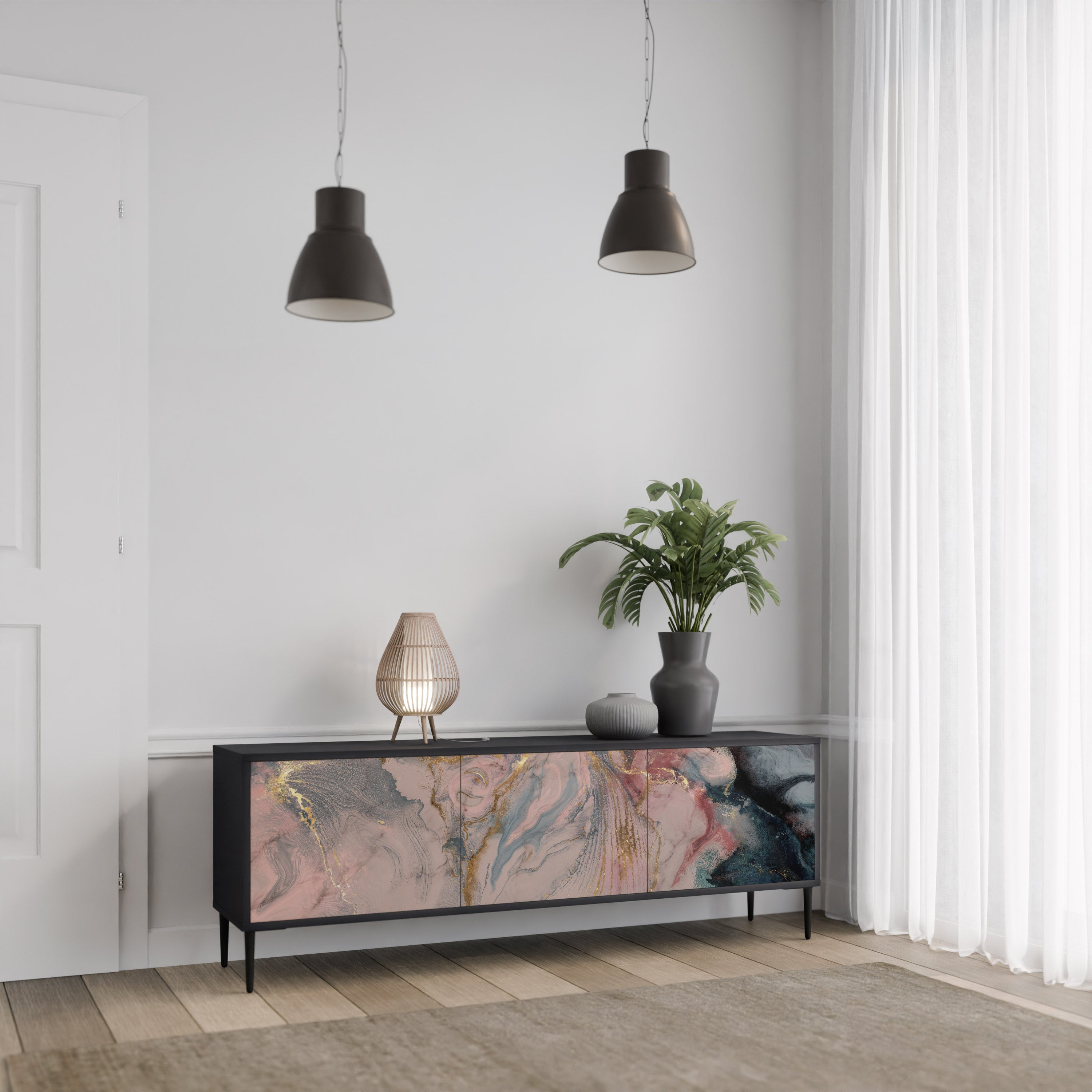 GILDED SWIRLS 3-türiger TV-Ständer in Schwarz