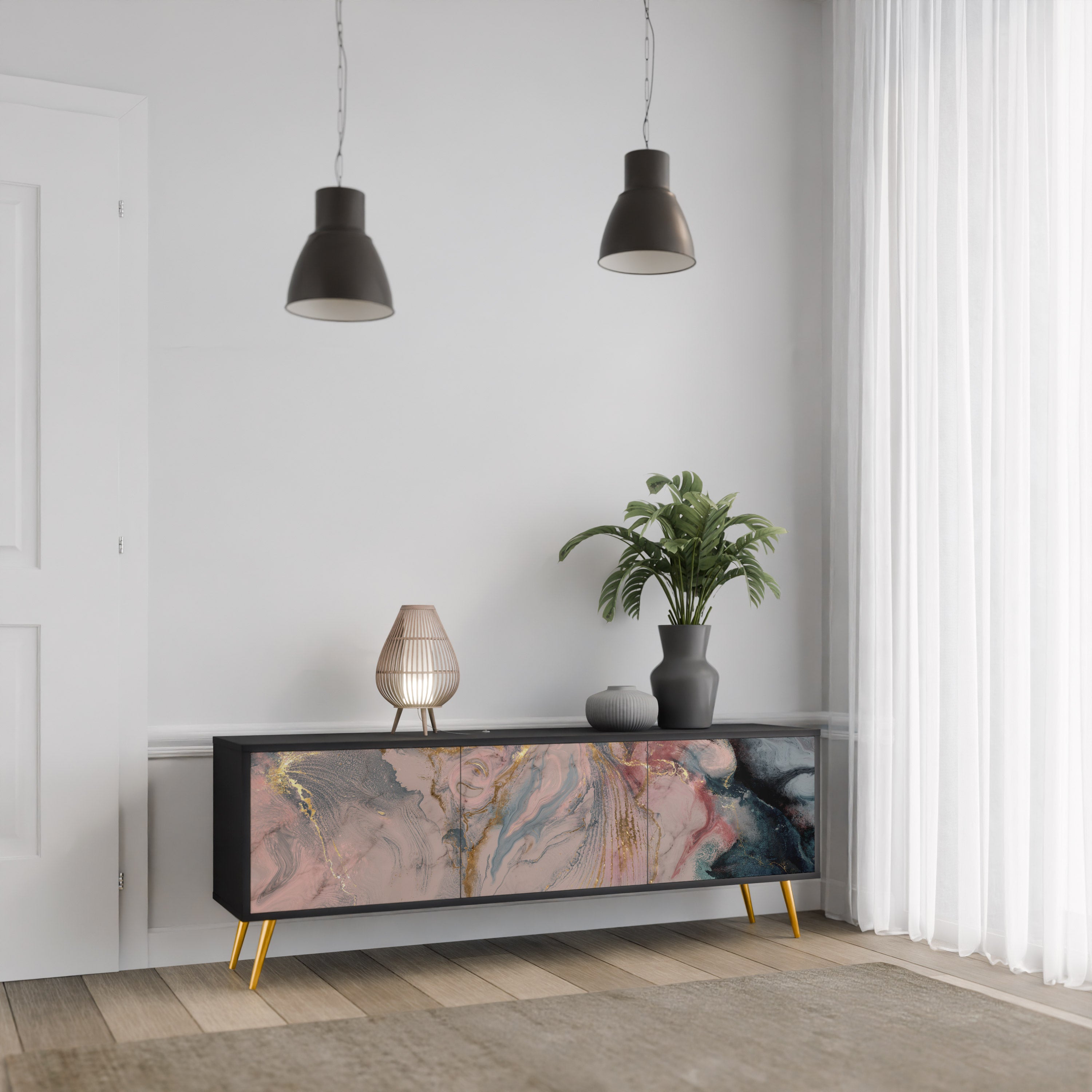 GILDED SWIRLS 3-türiger TV-Ständer in Schwarz
