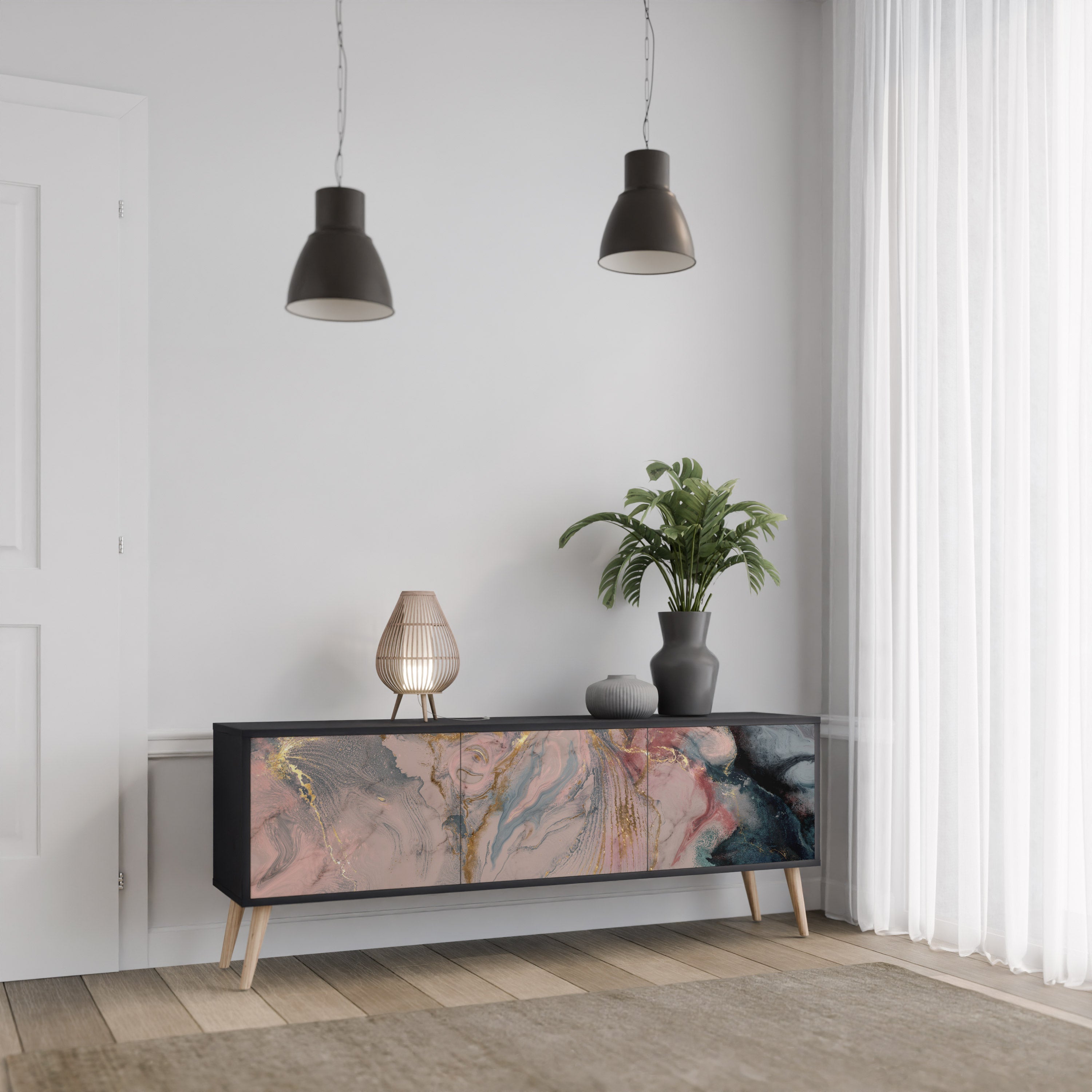 GILDED SWIRLS 3-türiger TV-Ständer in Schwarz