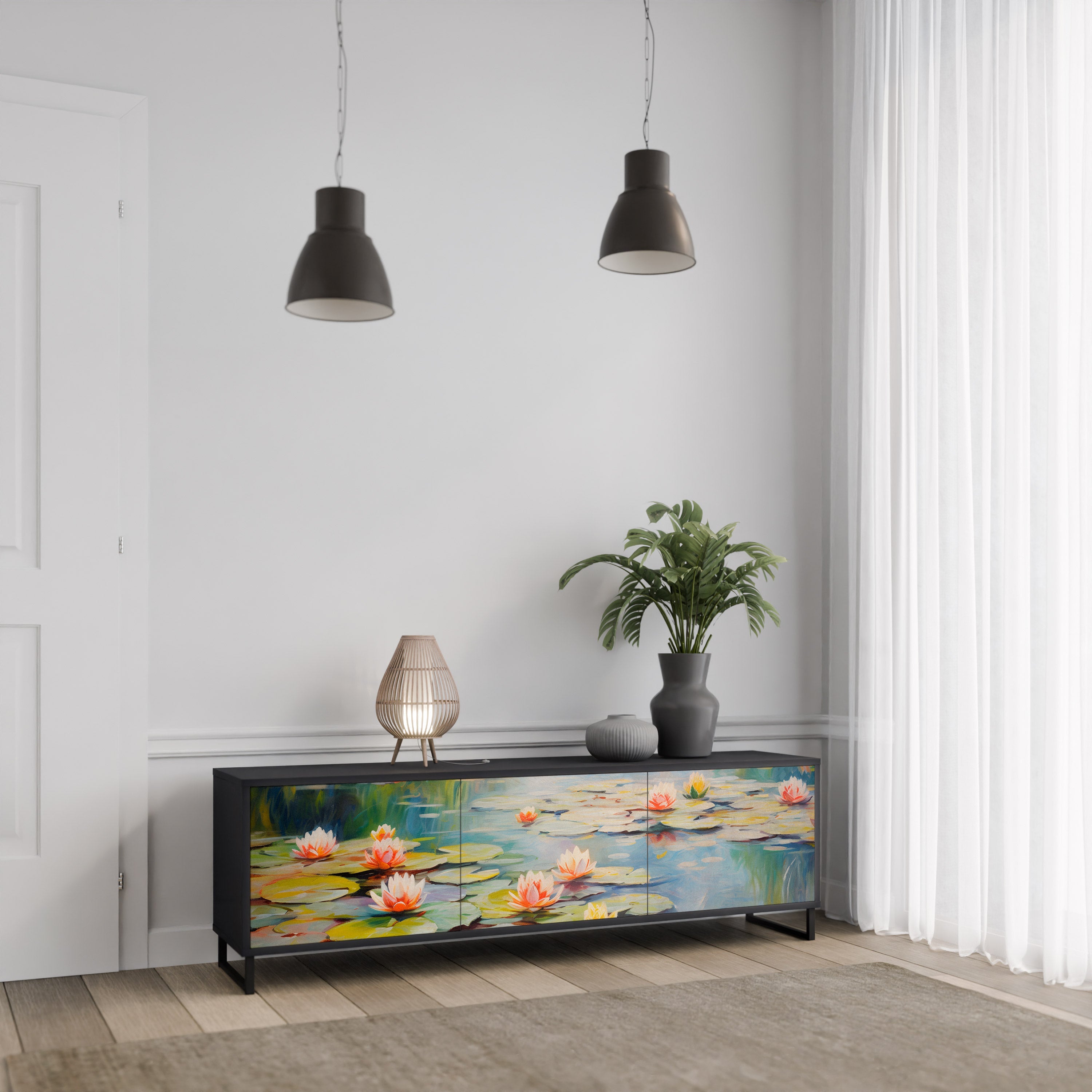 BLOOMING WATERS 3-türiger TV-Ständer in Schwarz