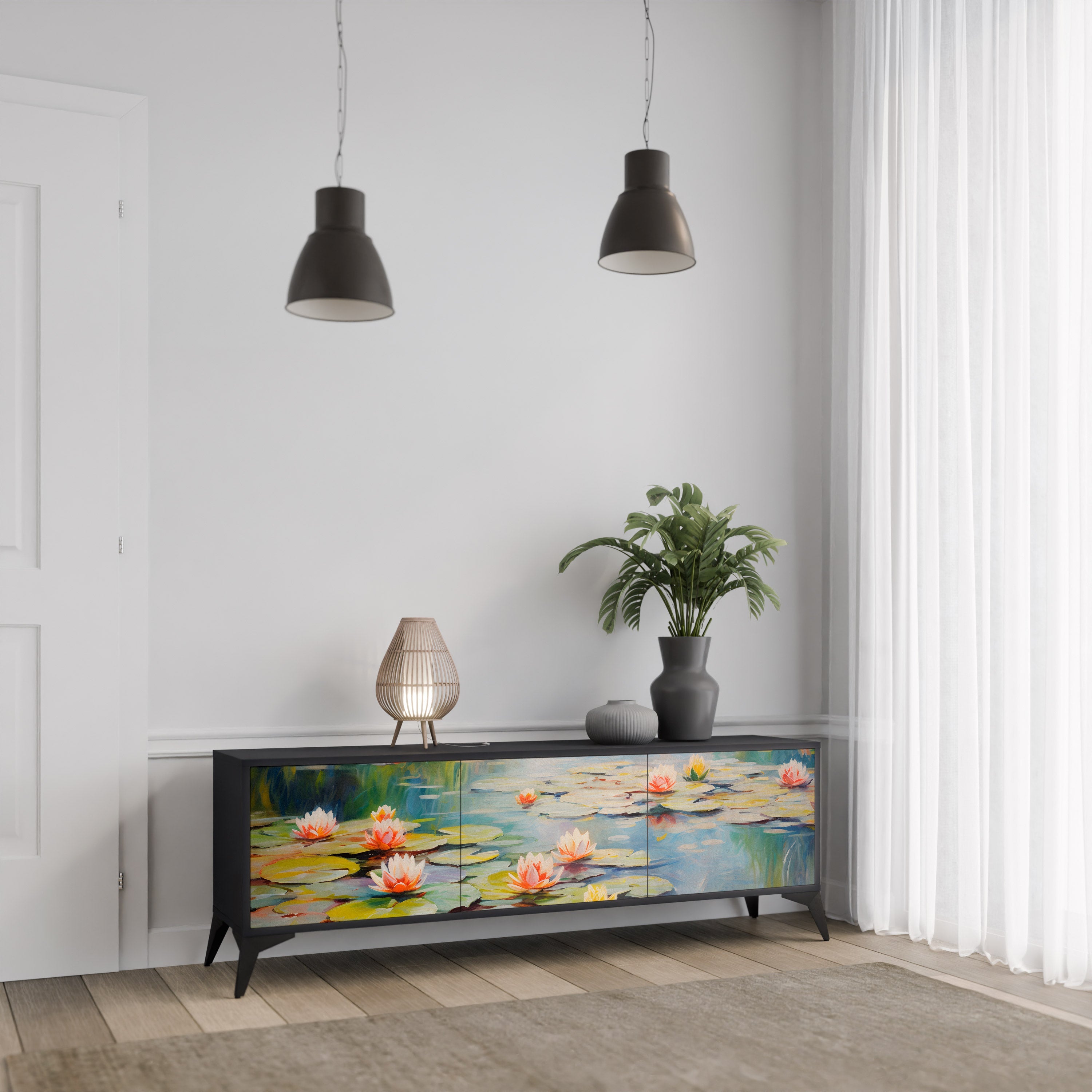 BLOOMING WATERS 3-türiger TV-Ständer in Schwarz
